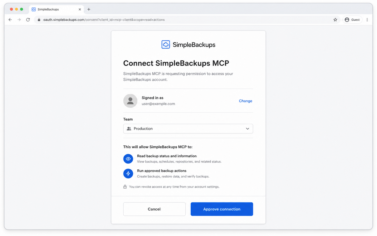 SimpleBackups MCP consent screen