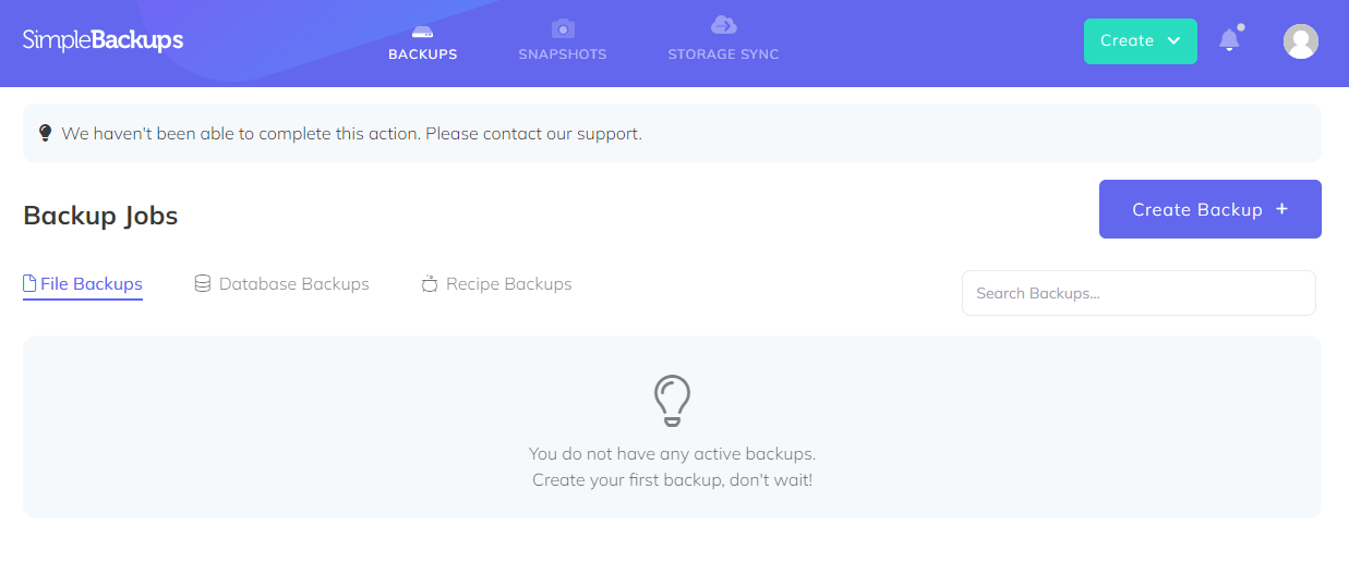 The Backups page with the Create Backup button