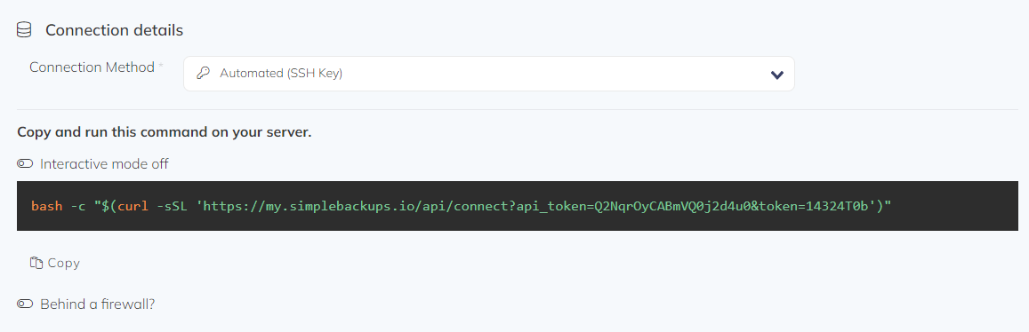 The automatic connection screen showing the command to copy
