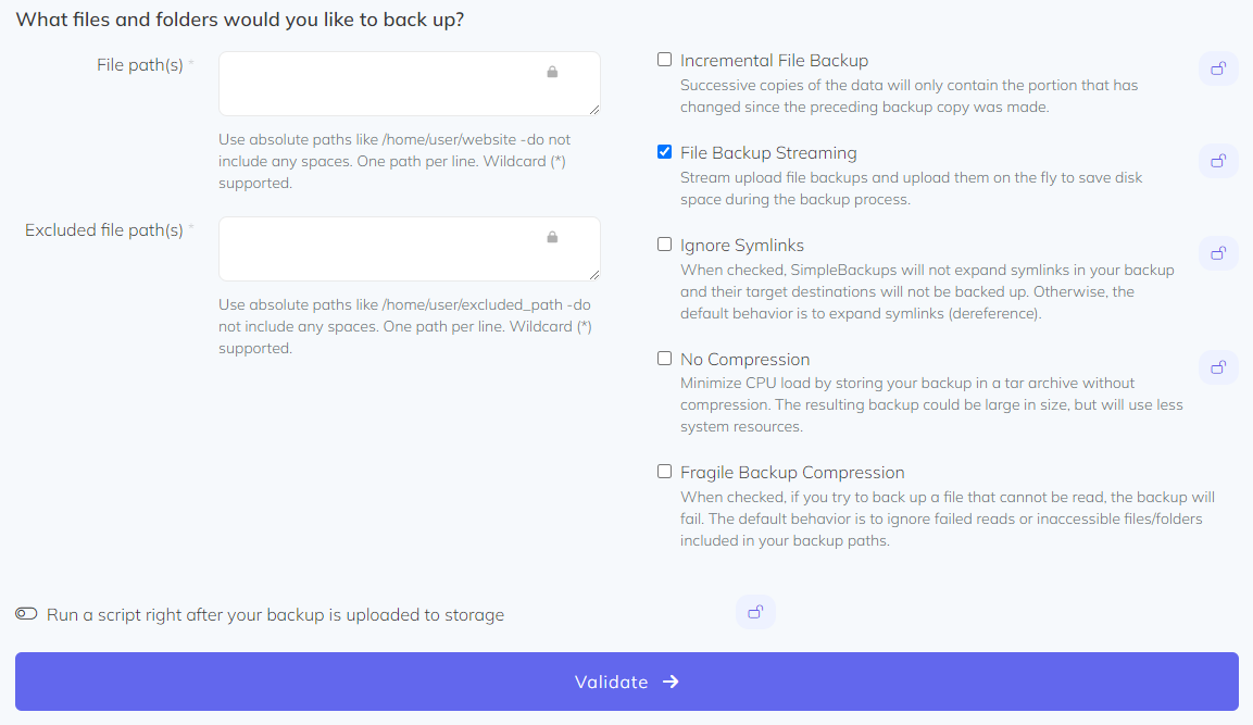 Entering the file path to back up