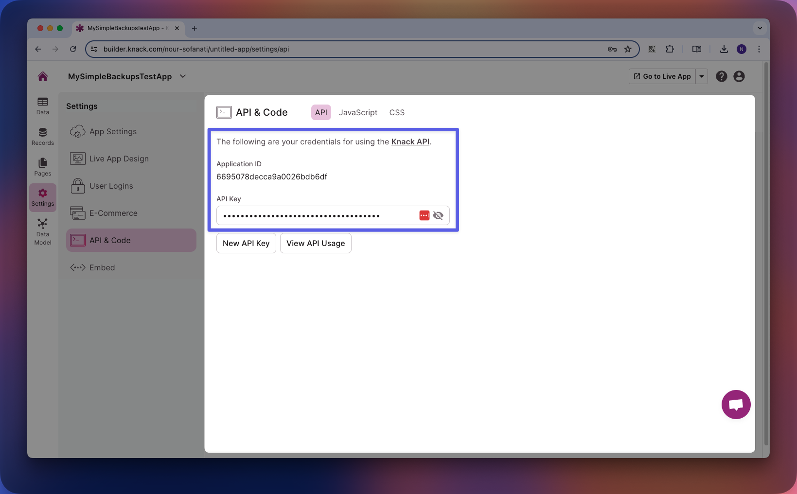 Knack API credentials