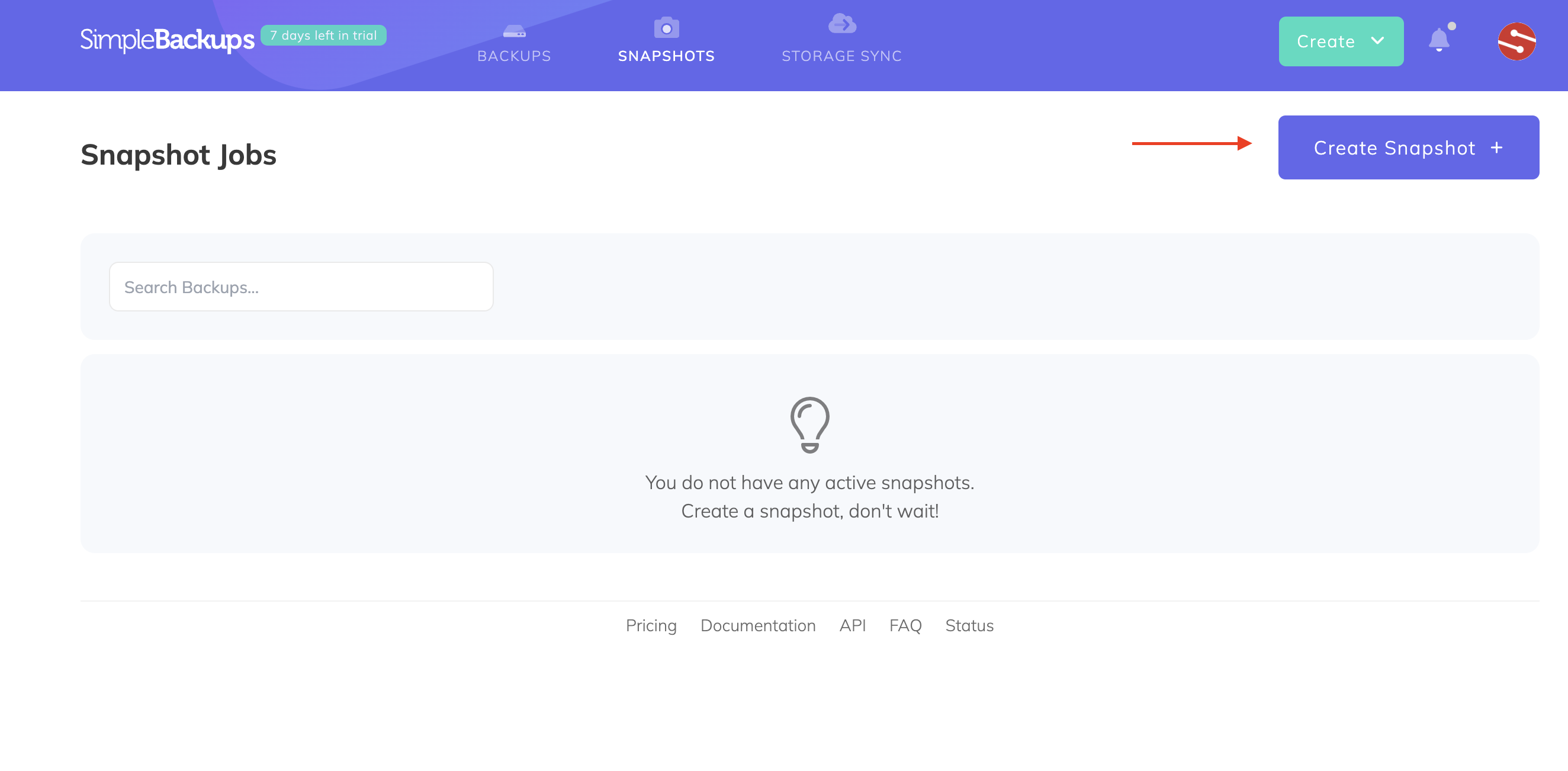 SimpleBackups - Create snapshot button