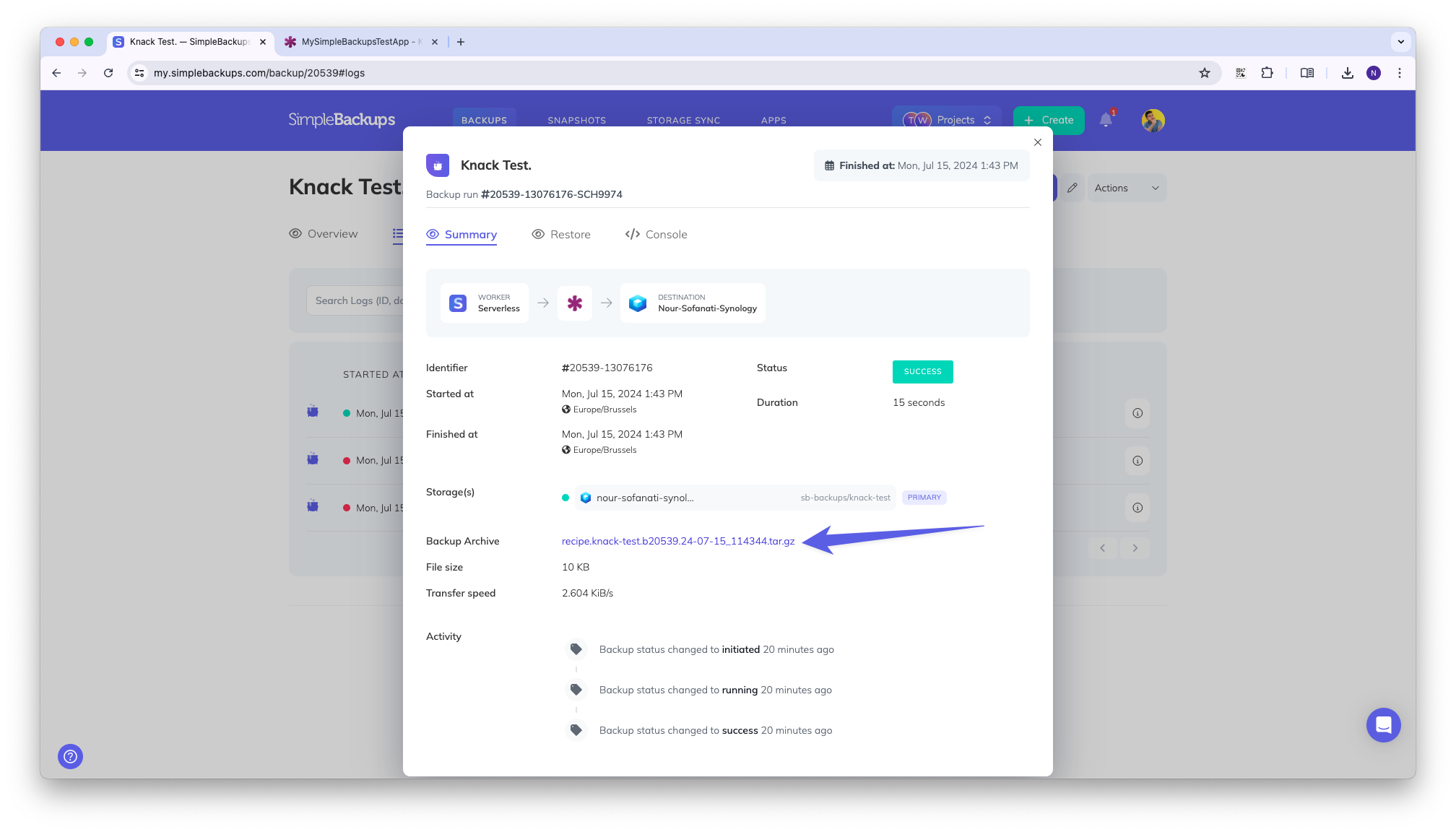 Knack backup archive download