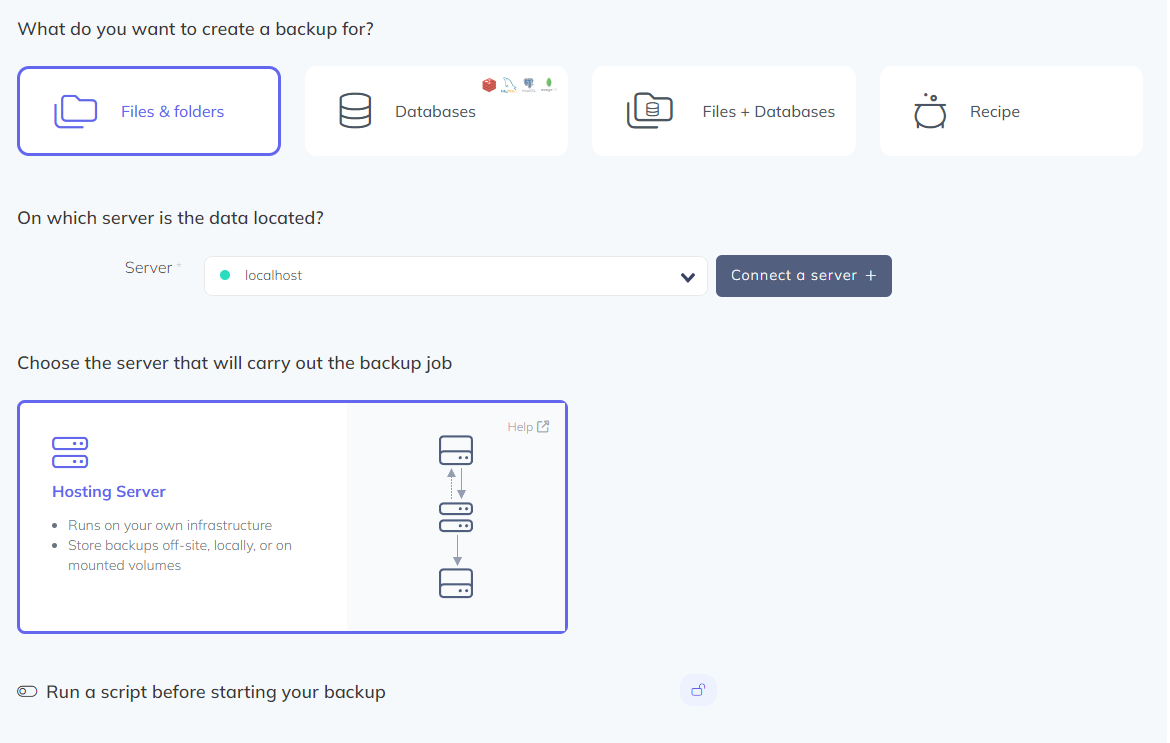 Selecting the Files and Folders backup type and server