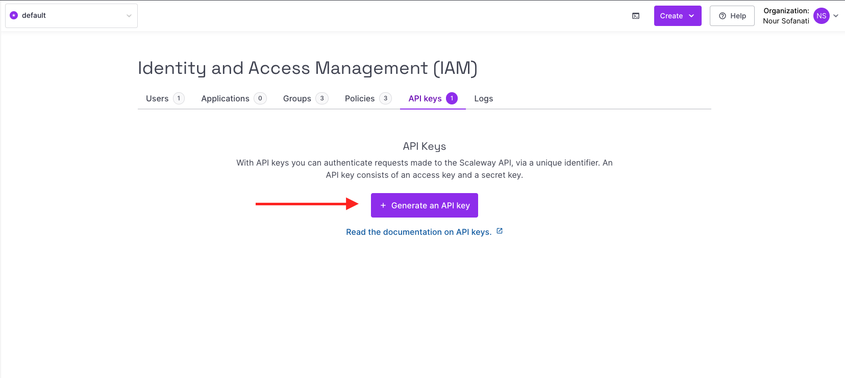 Scaleway - API Credentials section