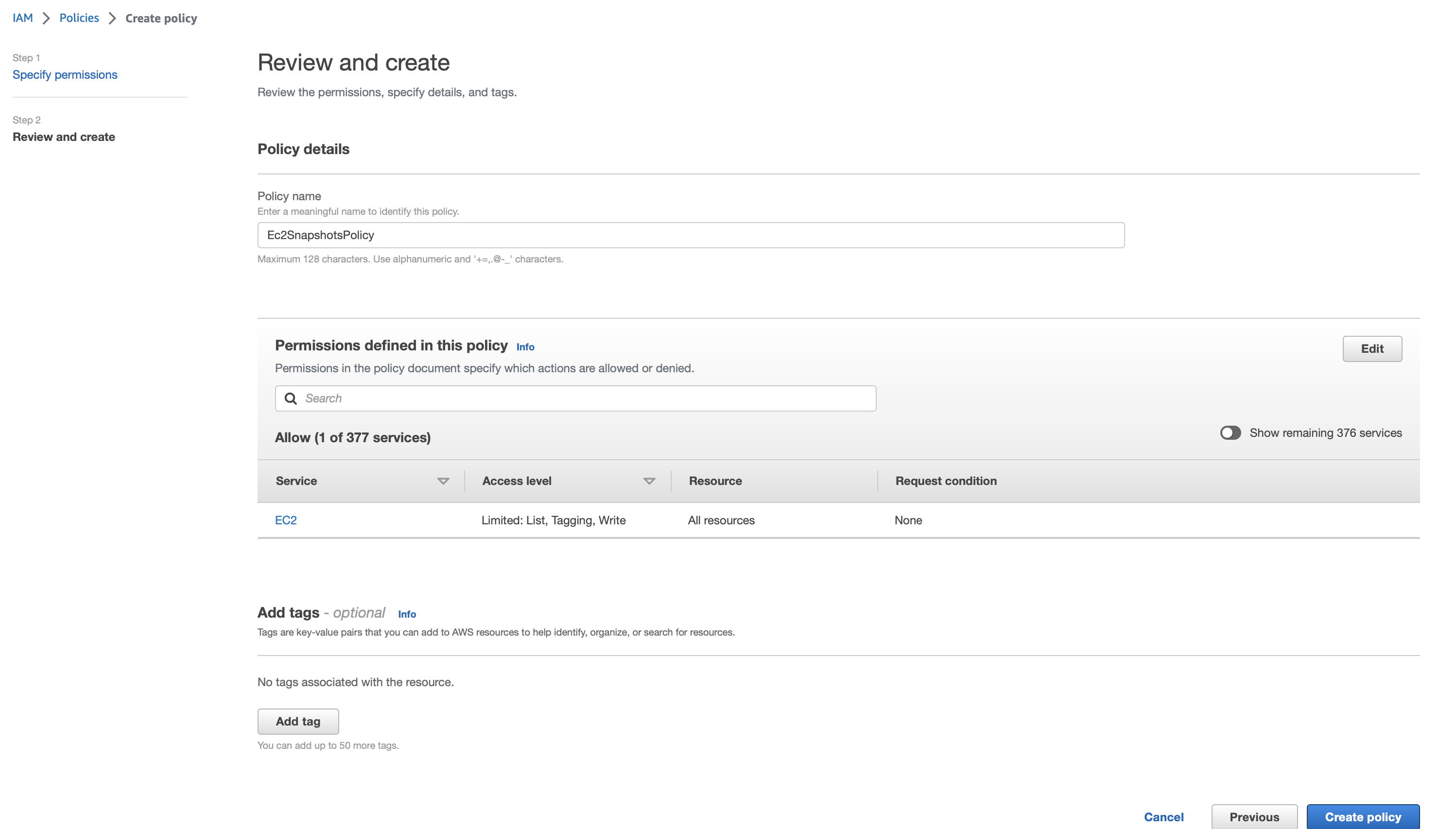 AWS EC2 - Name and create the policy