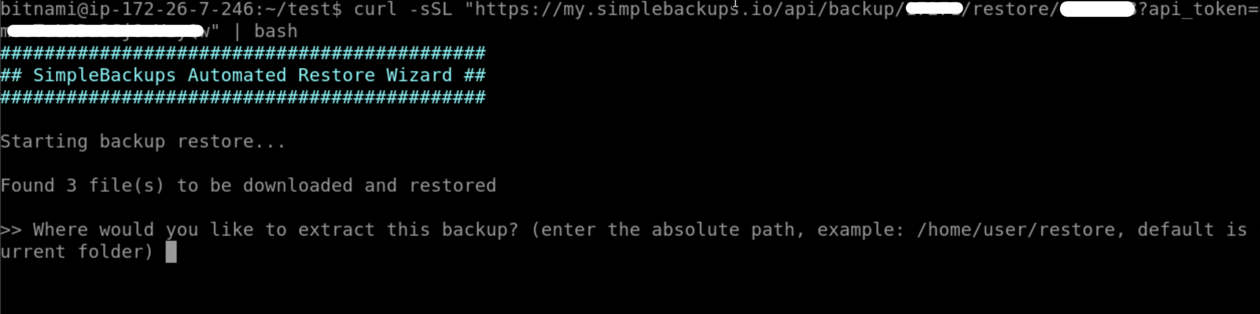 Terminal prompt asking for the restore destination
