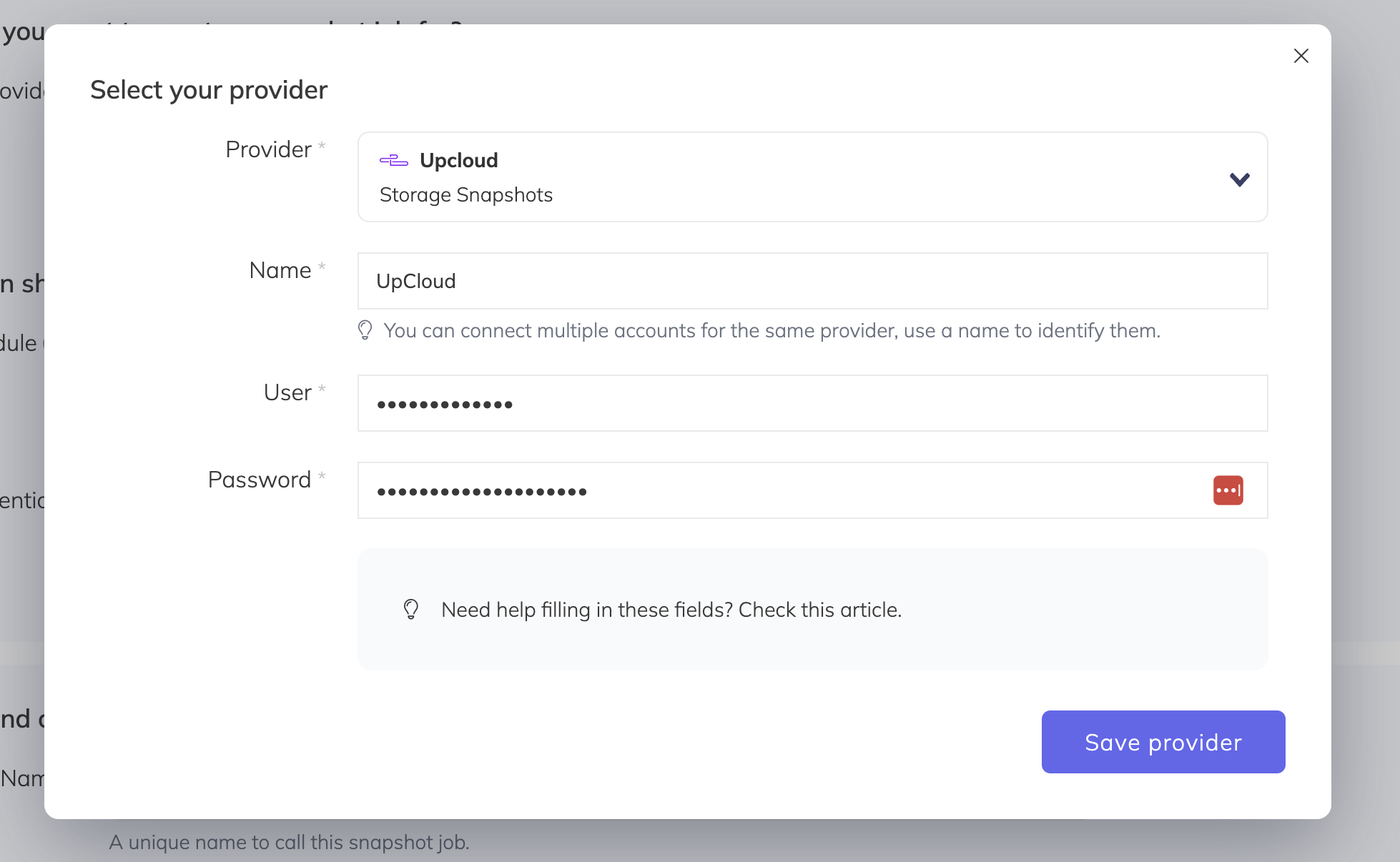 SimpleBackups - UpCloud credentials form