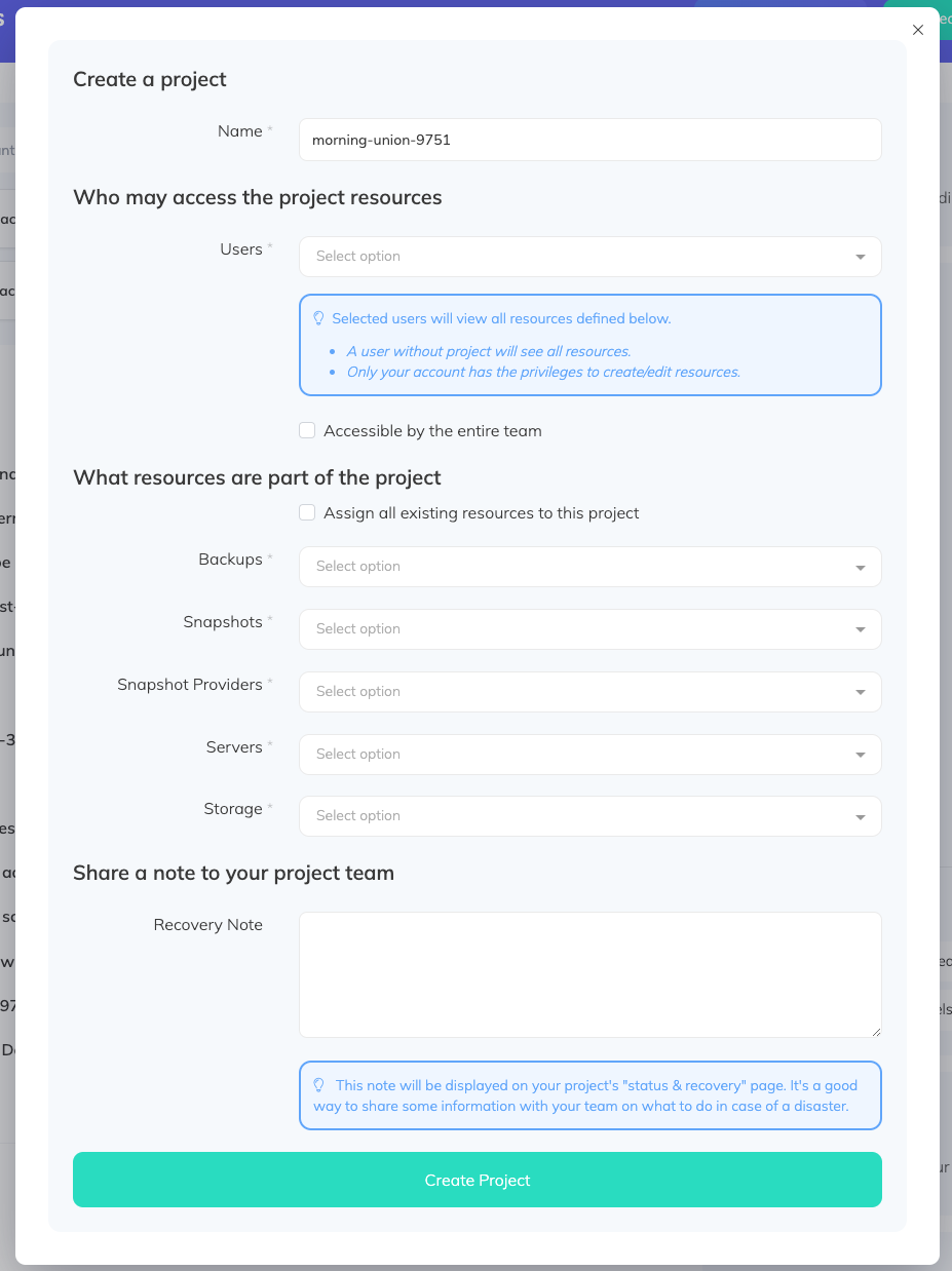 The Create project dialog