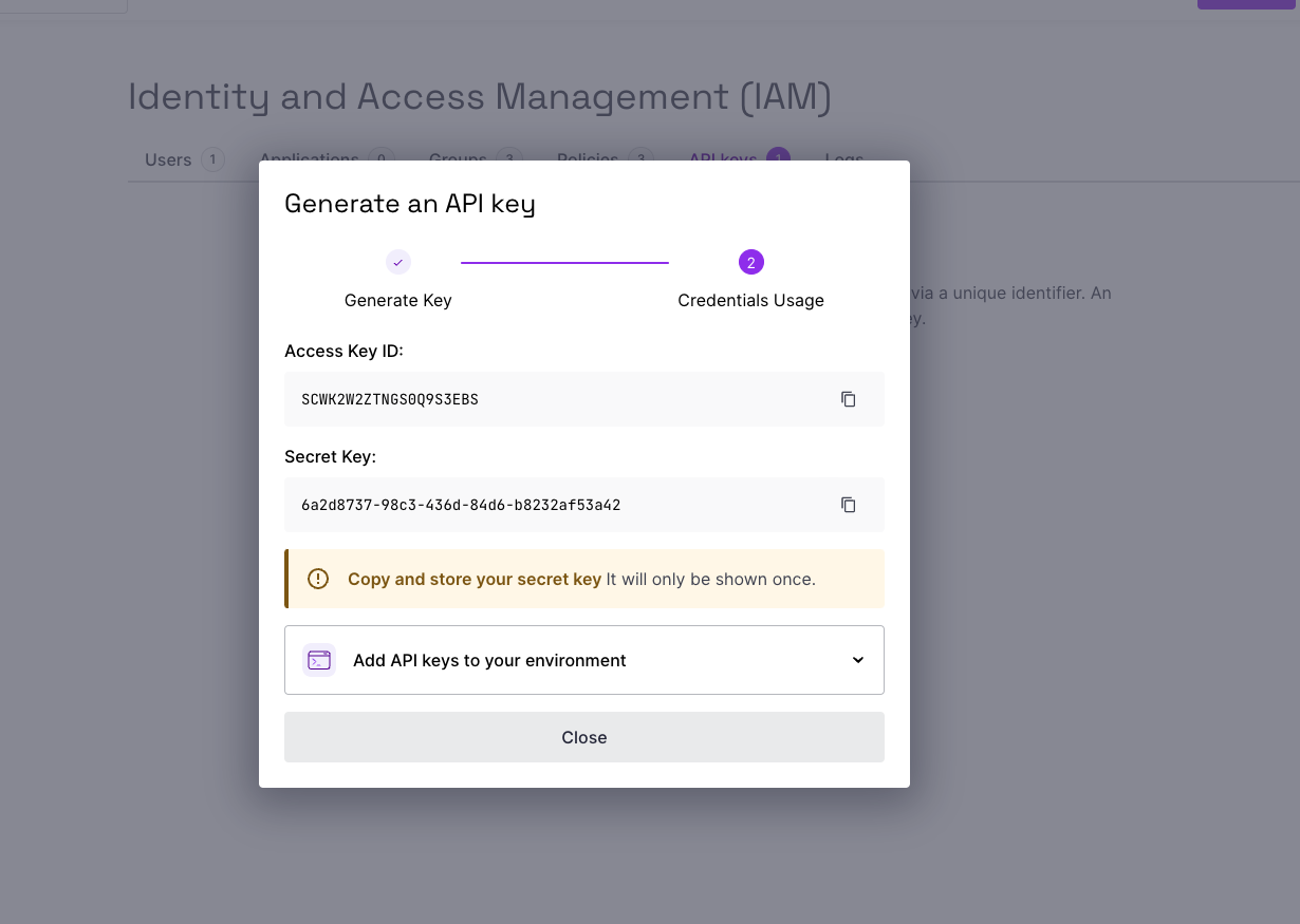Scaleway - Copy access and secret keys