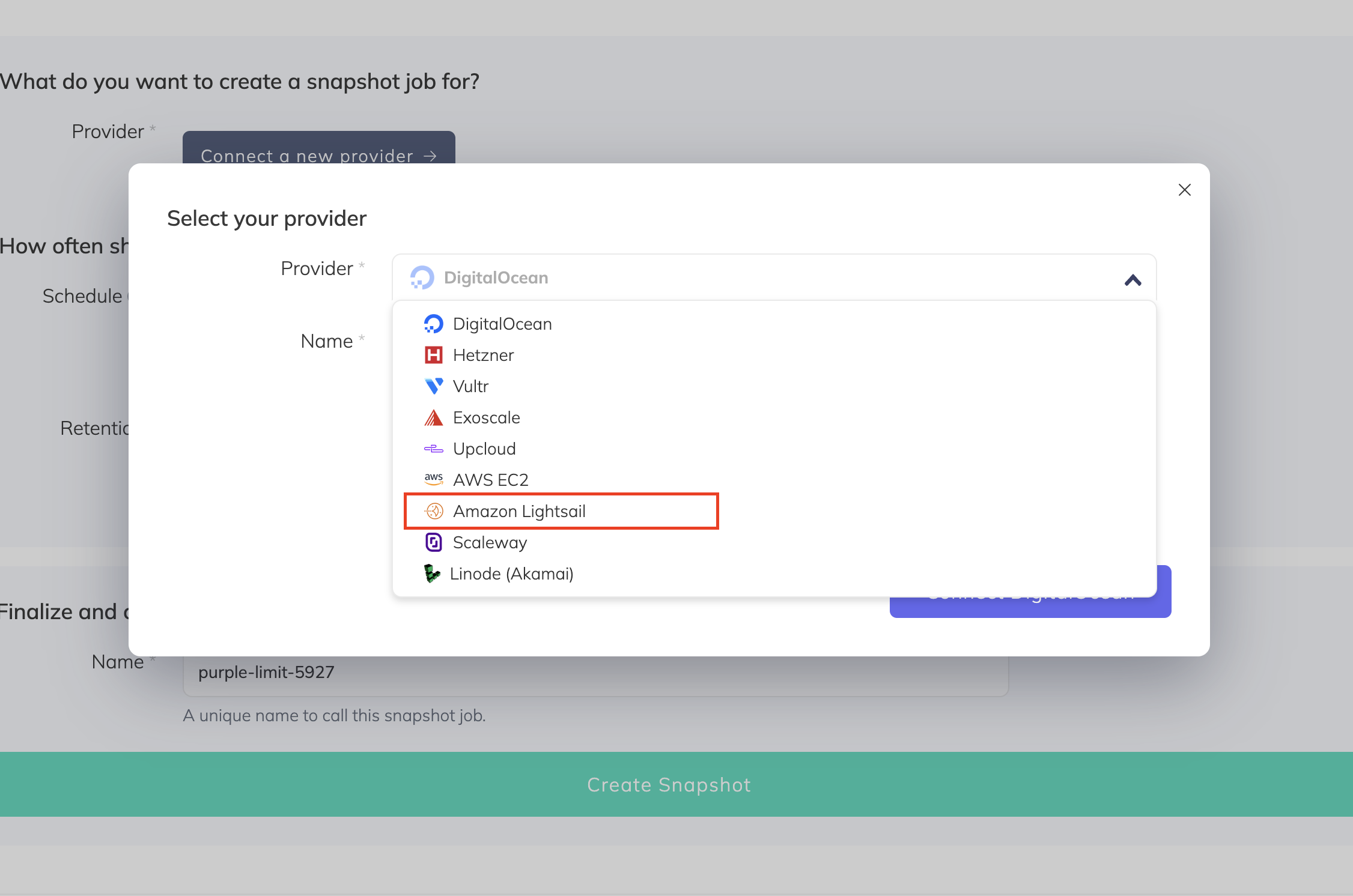SimpleBackups - Select Amazon Lightsail