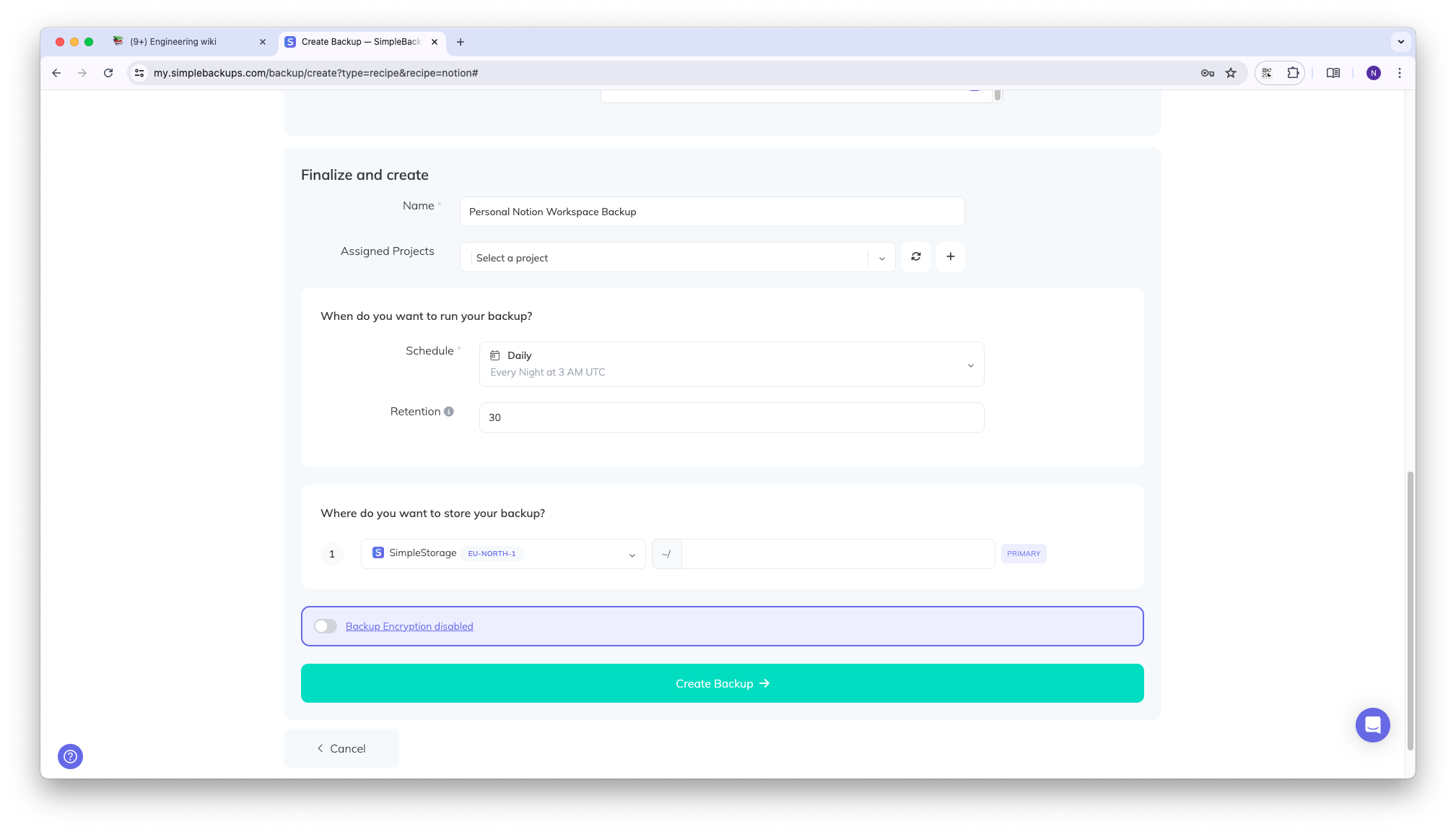 Notion backup schedule and storage configuration