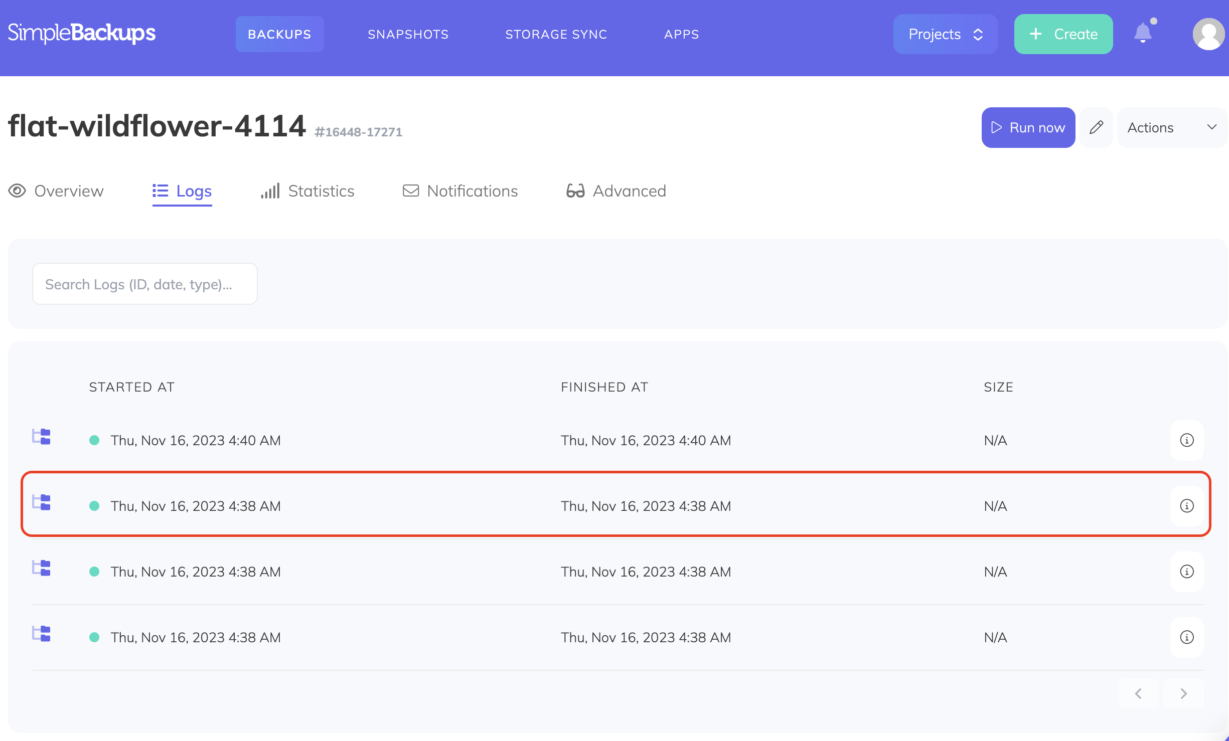 The Logs tab showing incremental backup entries with the info icon