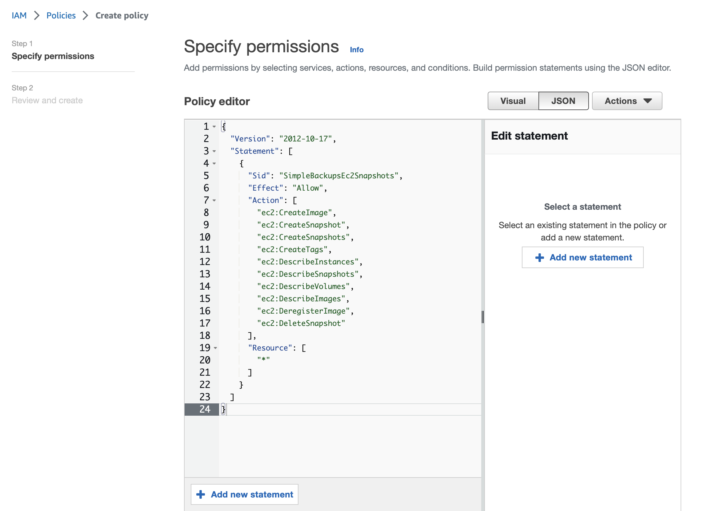 AWS EC2 - Create policy JSON editor