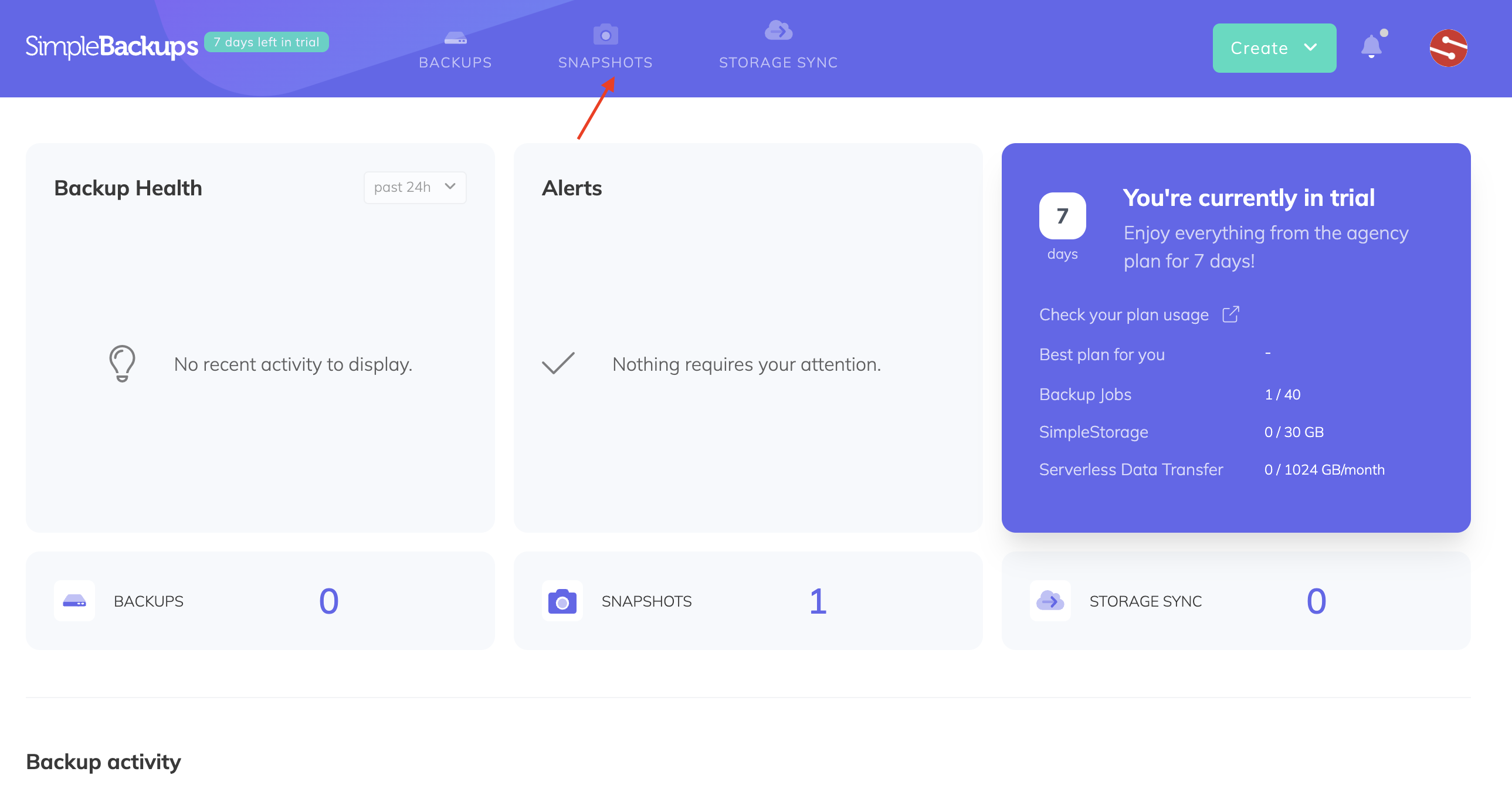 SimpleBackups - Snapshots section