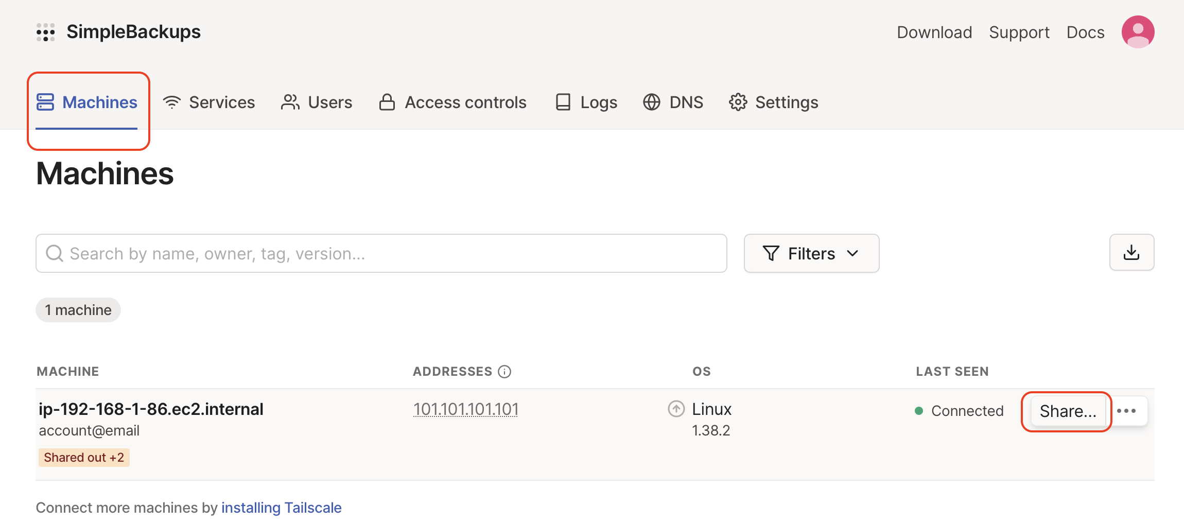 The Share button on the machine details page