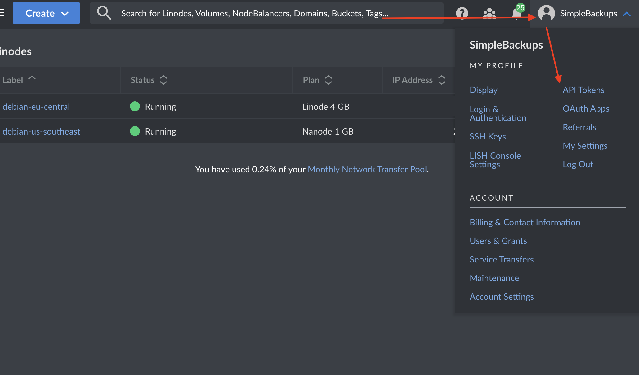 Linode - API Tokens tab