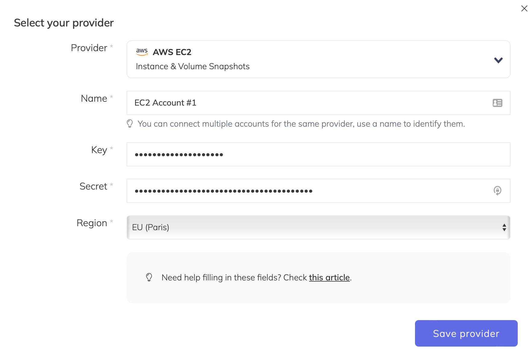 SimpleBackups - AWS EC2 provider form