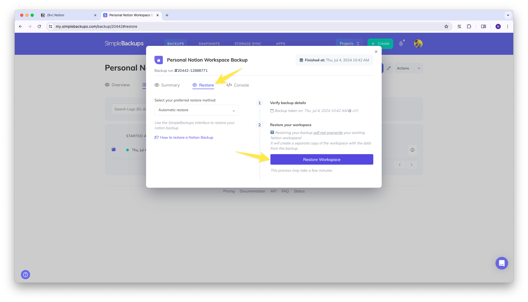Notion restore workspace button