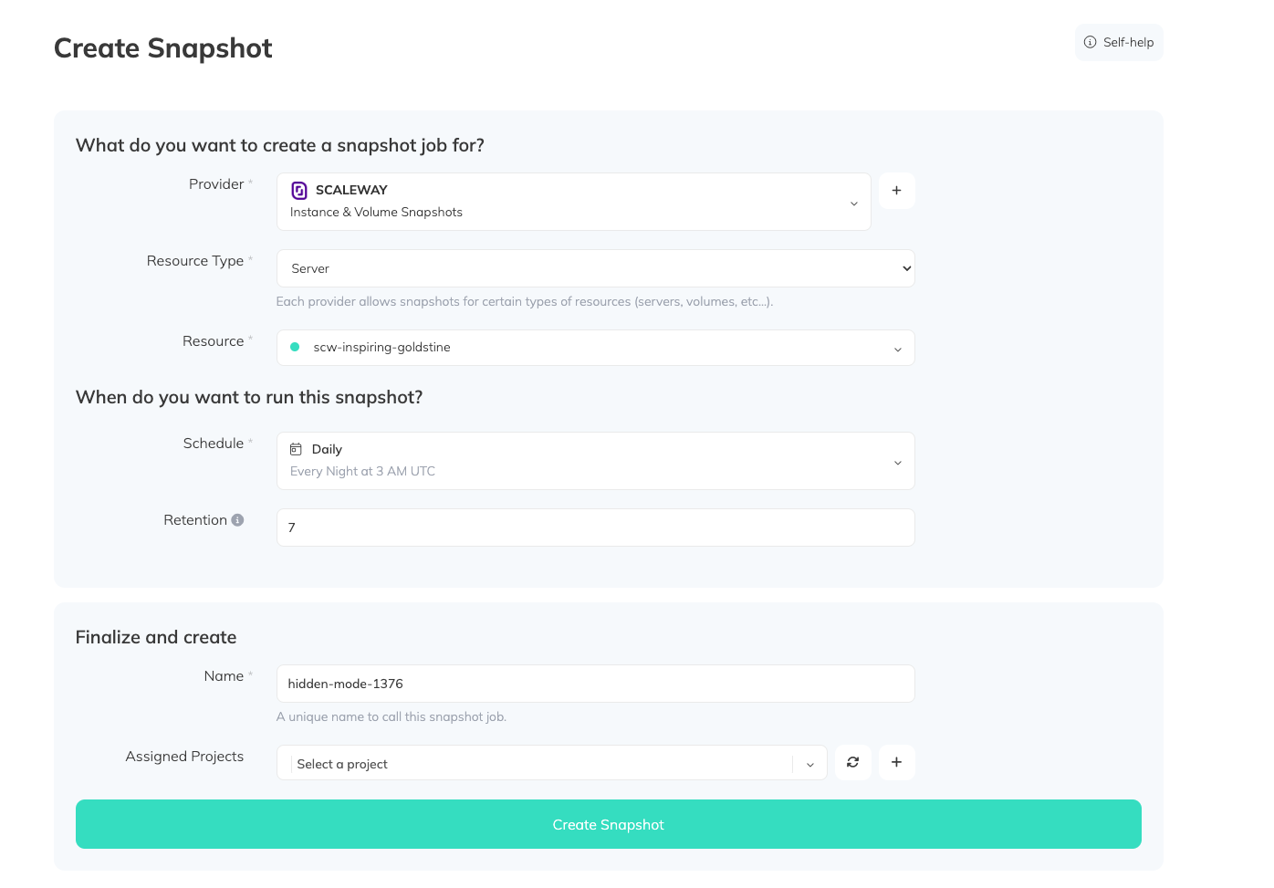 SimpleBackups - Scaleway snapshot job form