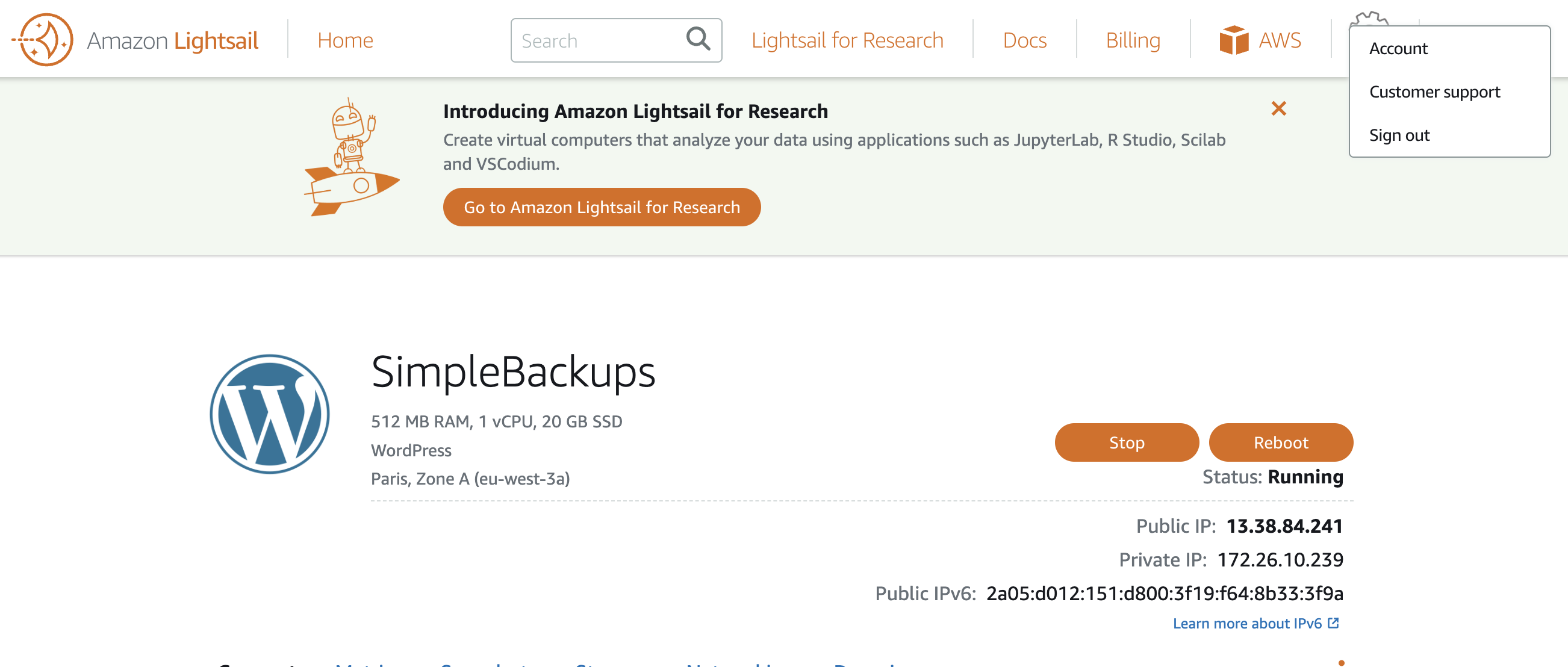 Lightsail console - Instance region