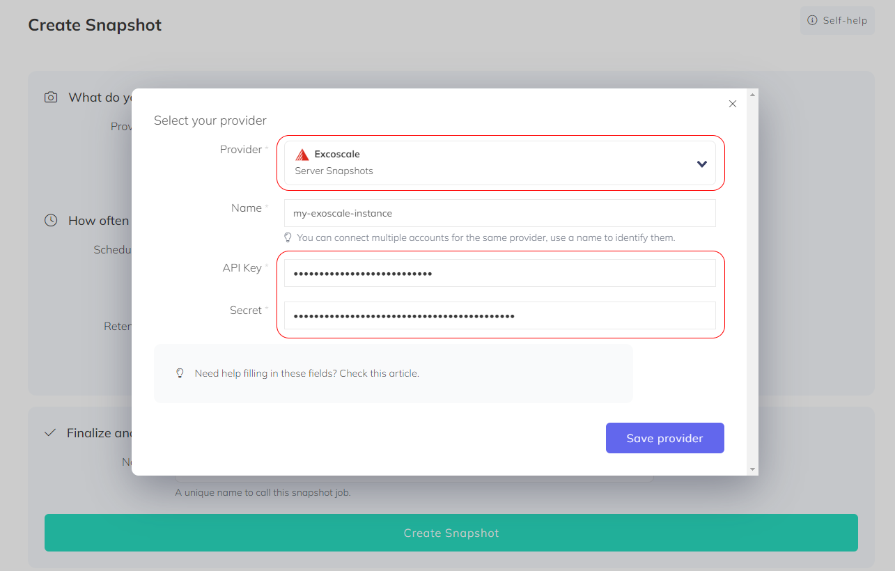 SimpleBackups - Exoscale provider form