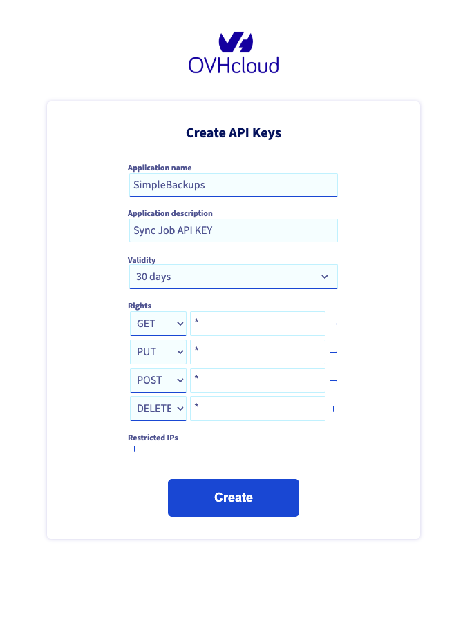 OVH - Create API token form