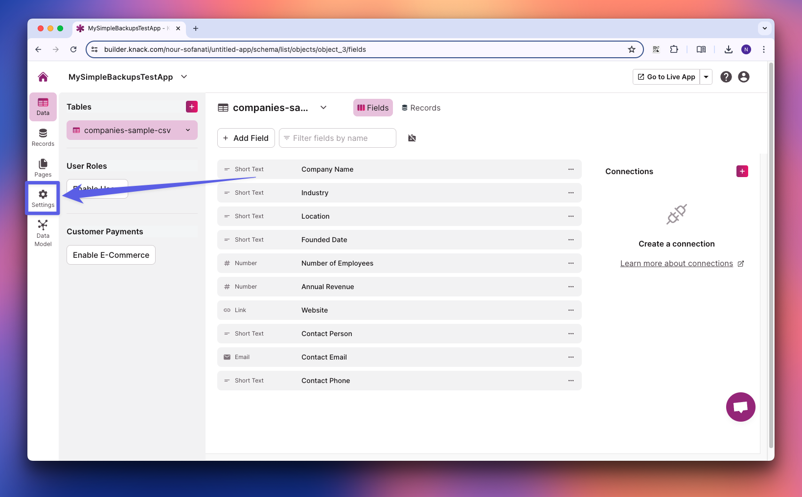 Knack settings navigation