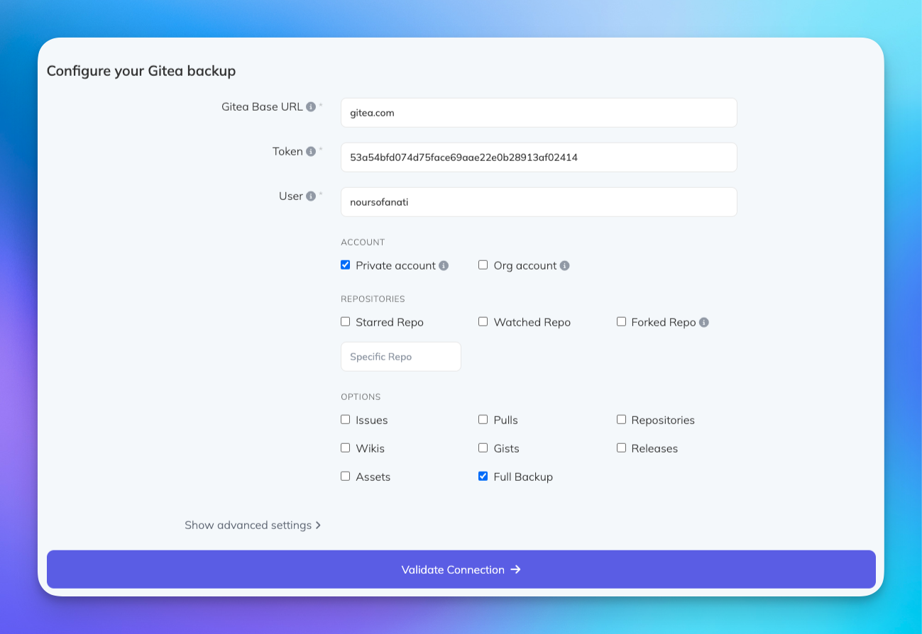 Gitea backup configuration in SimpleBackups