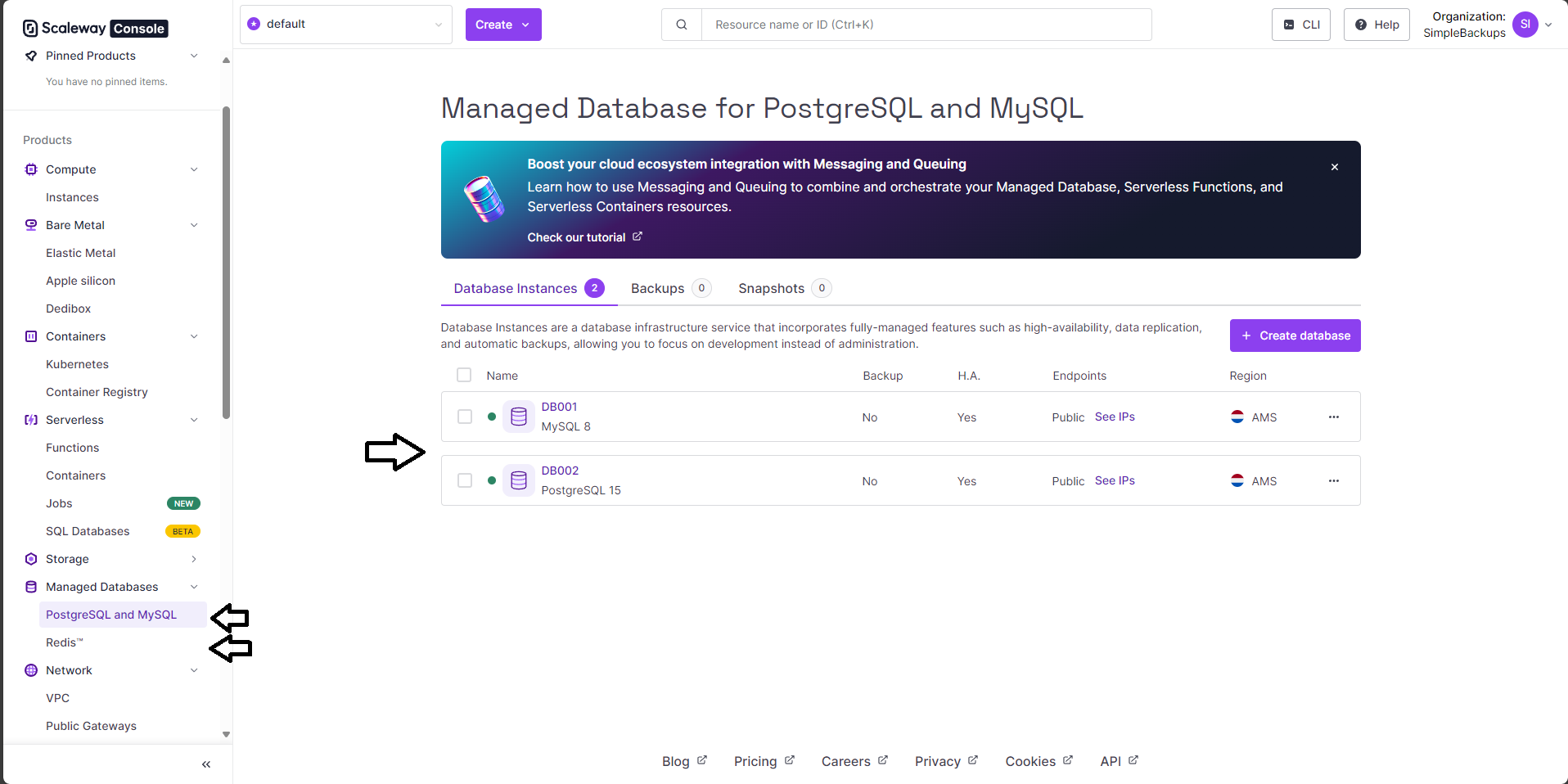 Scaleway Database screenshot 1