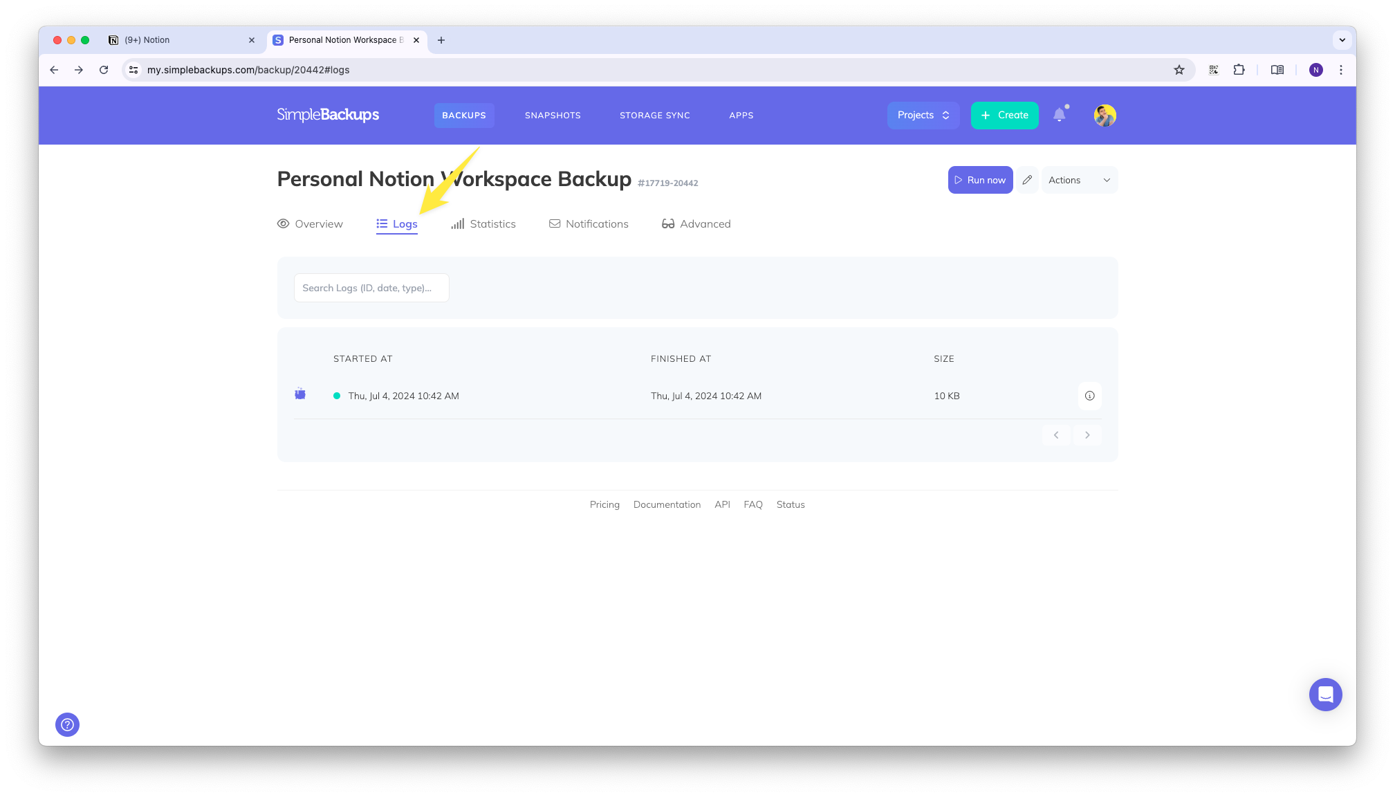 Notion backup logs
