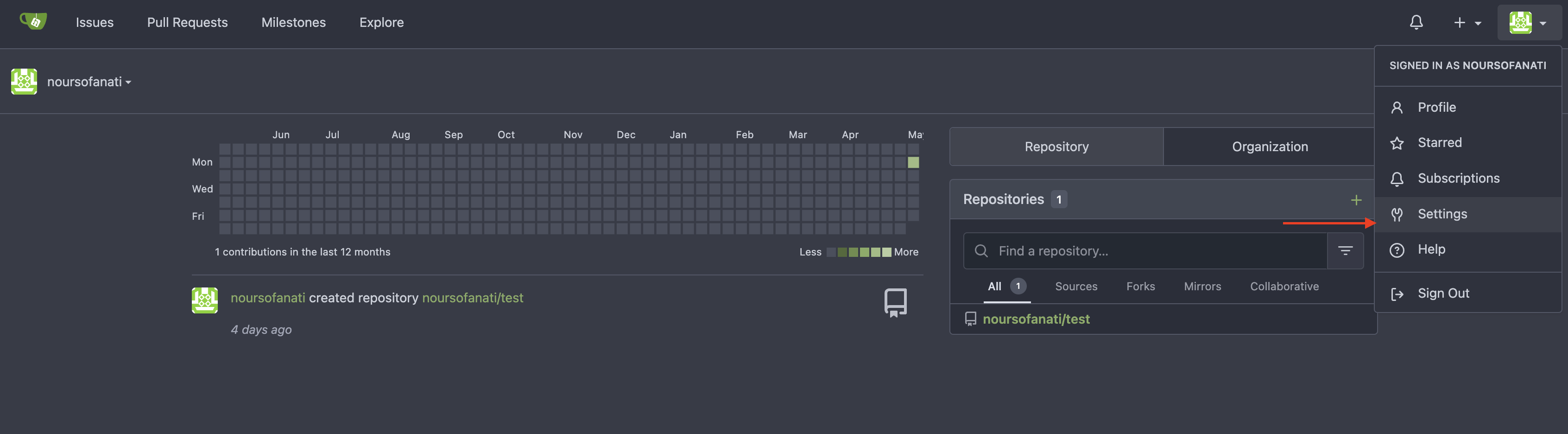 Gitea user settings navigation