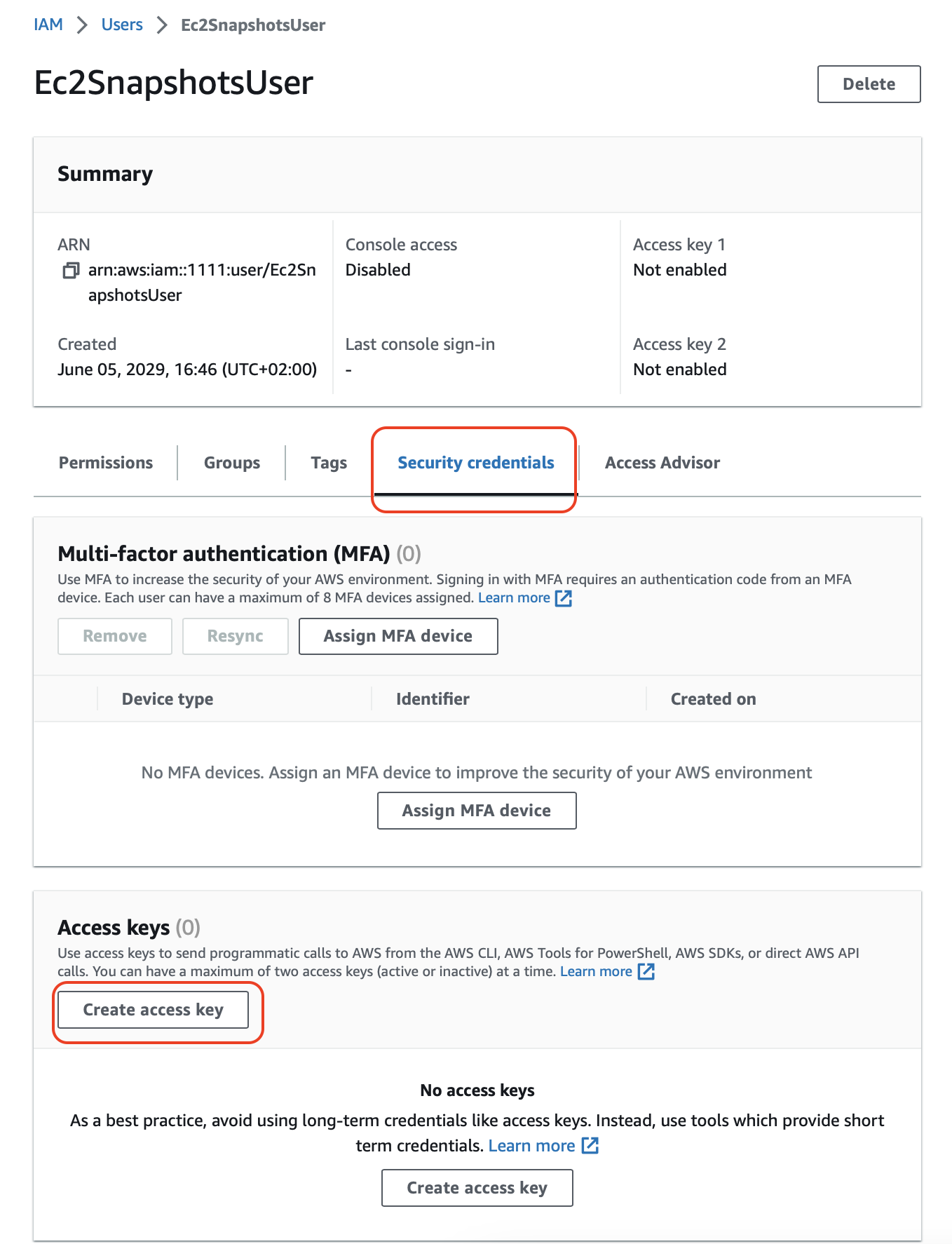 AWS EC2 - Security credentials tab