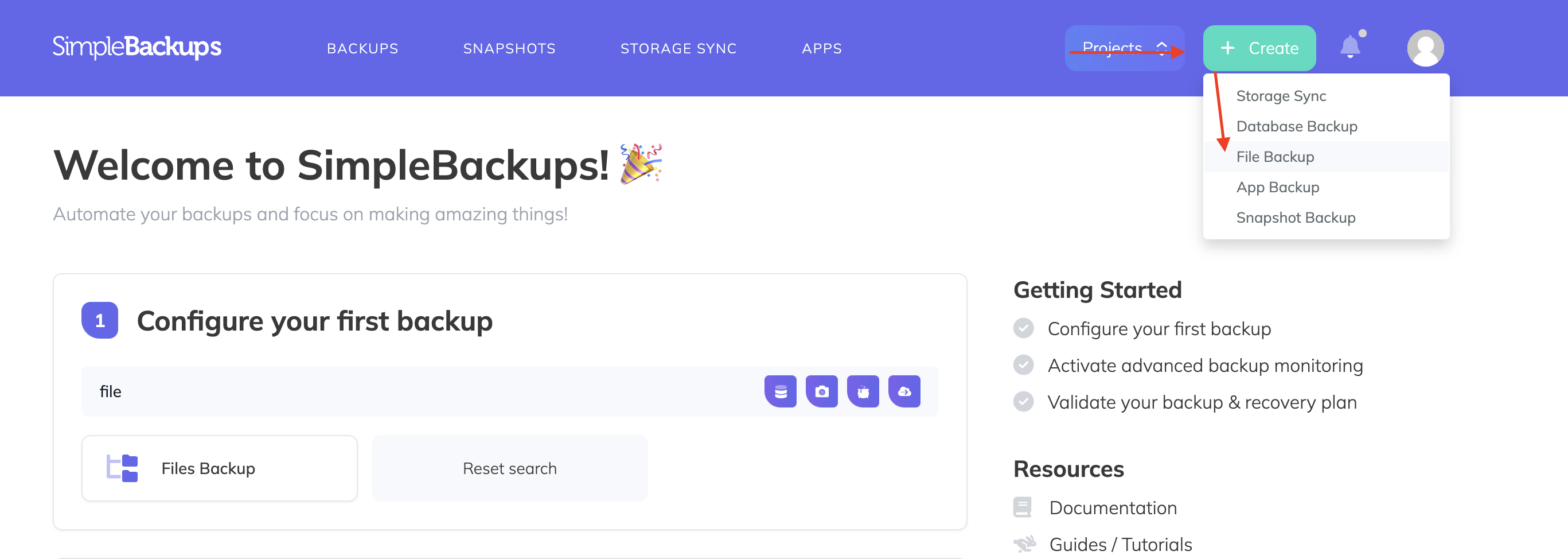 The Create menu with Files Backup selected
