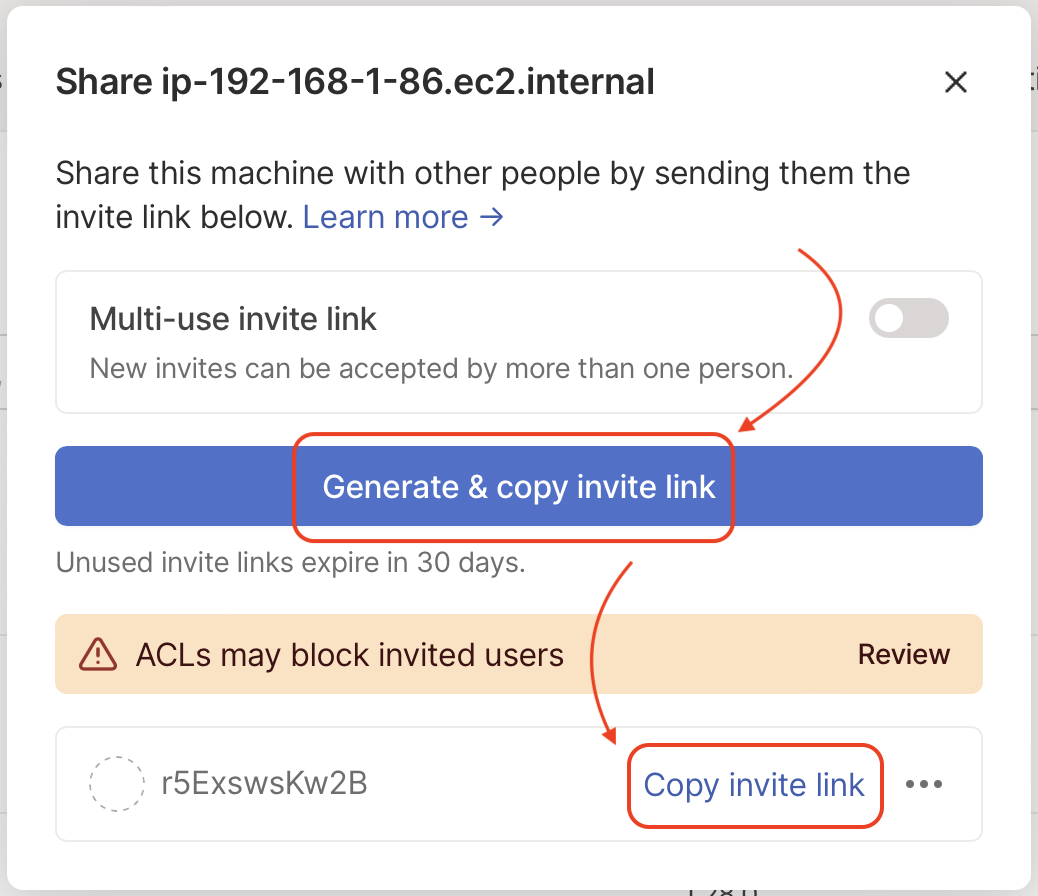 The invite link generation dialog