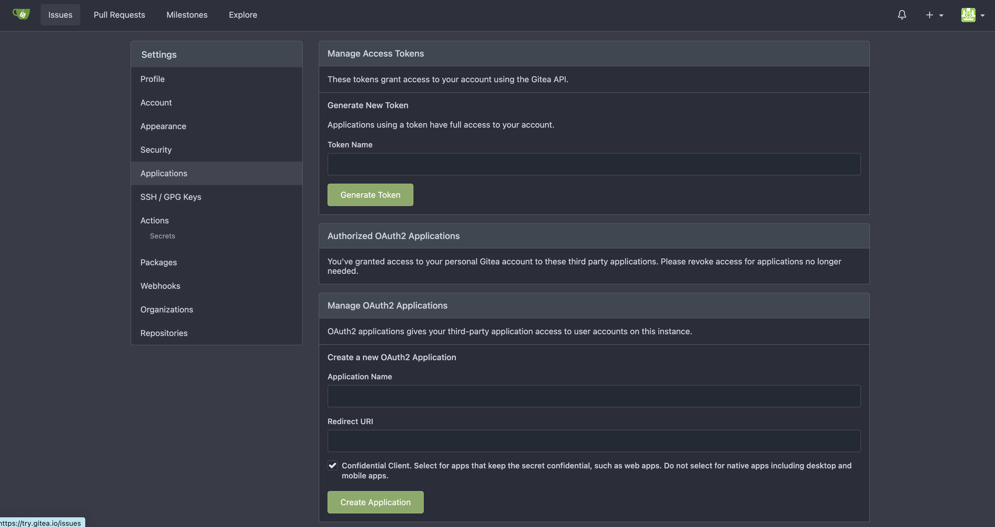 Gitea generate new token