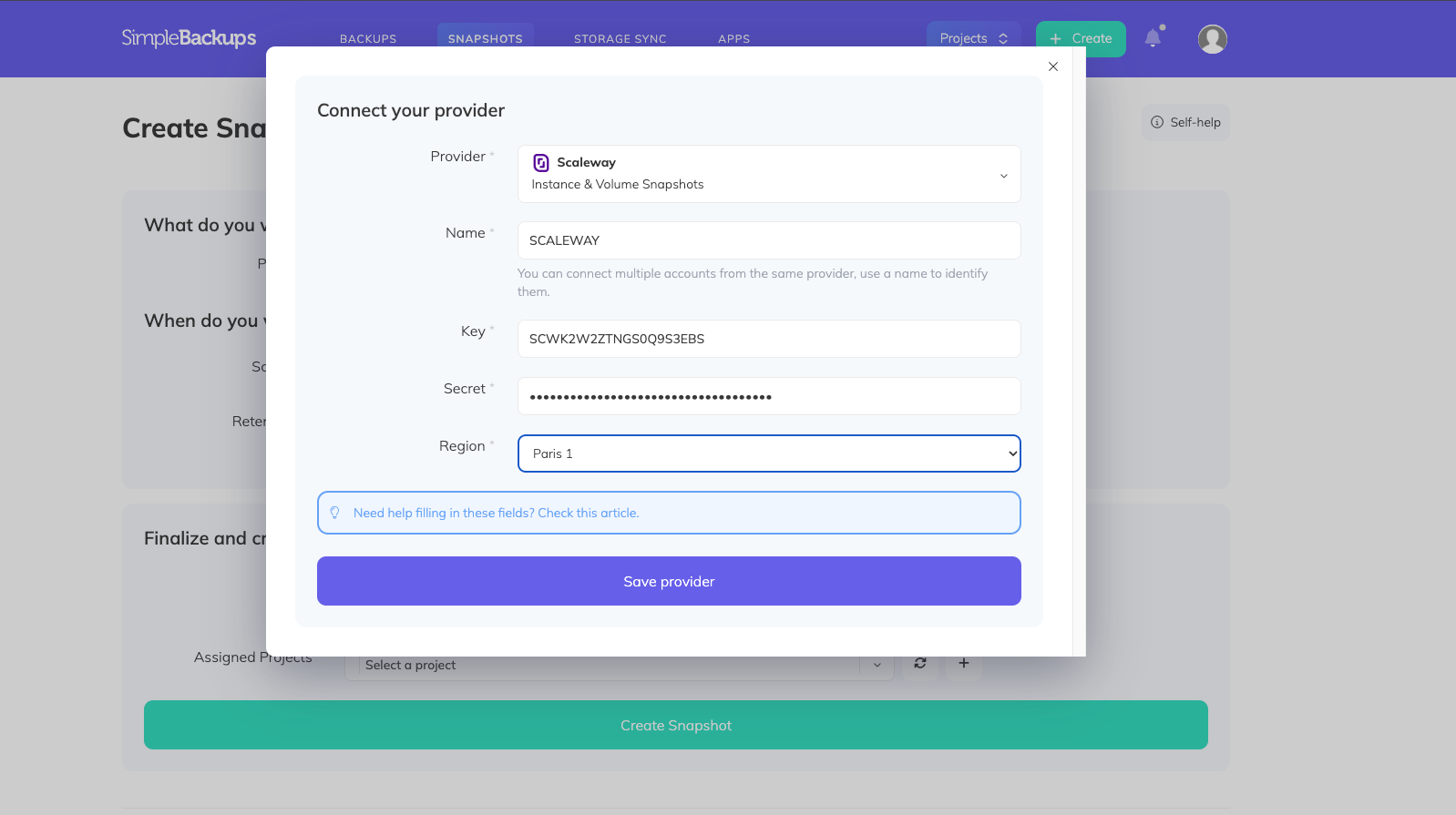 SimpleBackups - Scaleway provider form