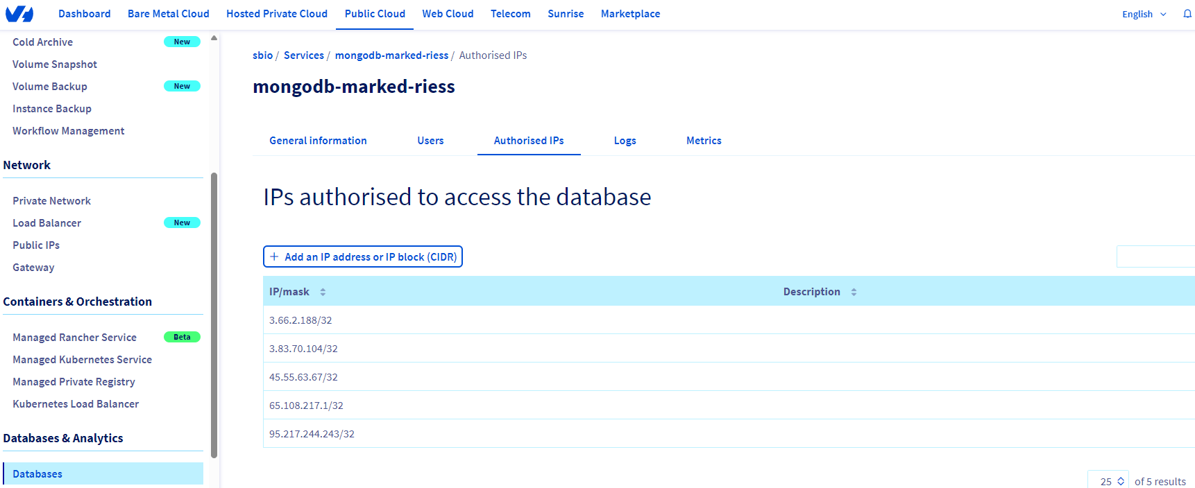 OVH Database screenshot 2