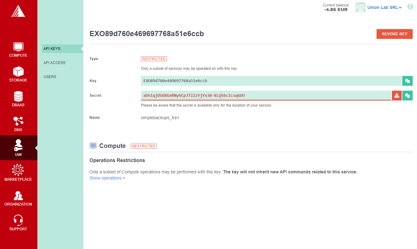 Exoscale - Copy API key and secret