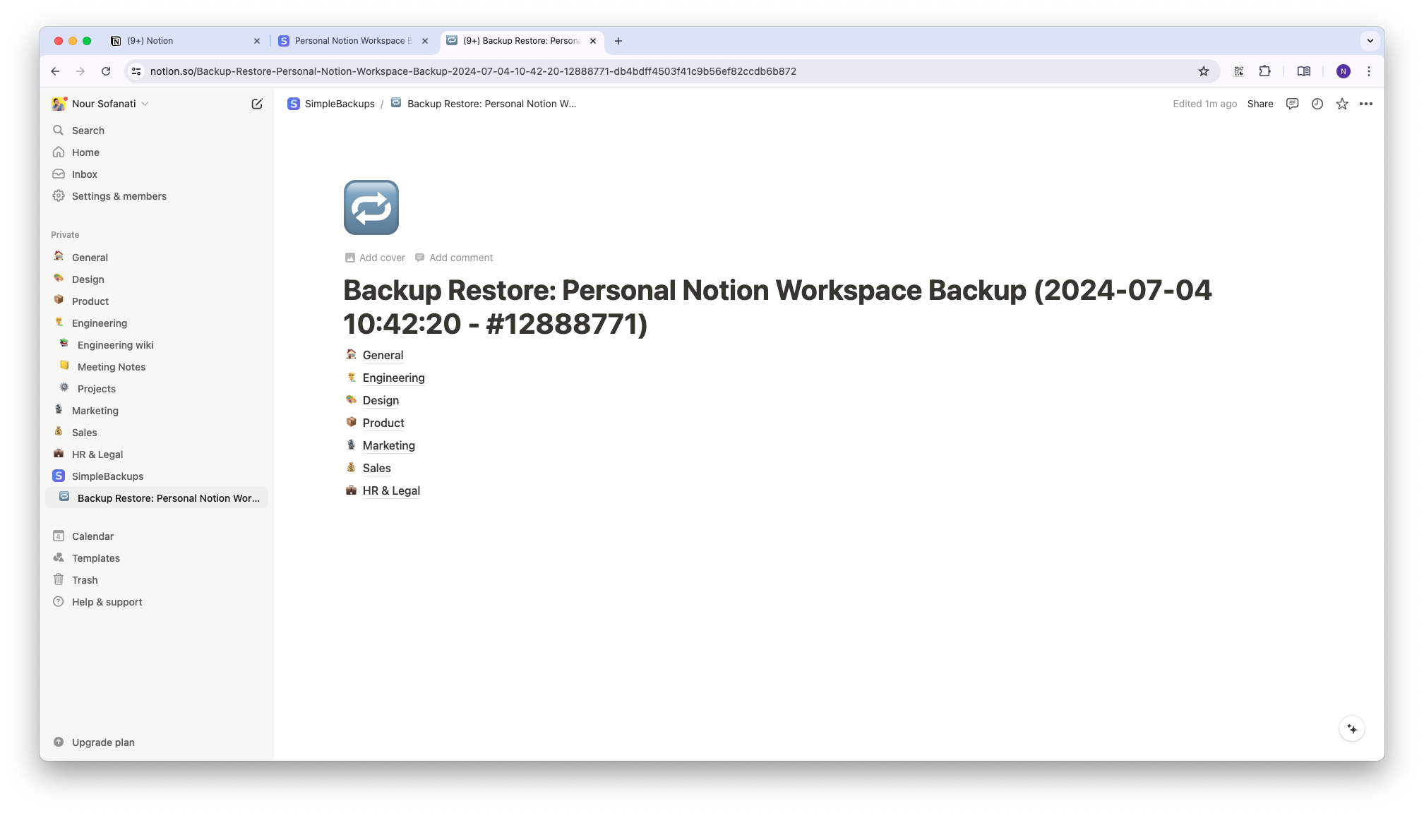 Notion restored workspace page