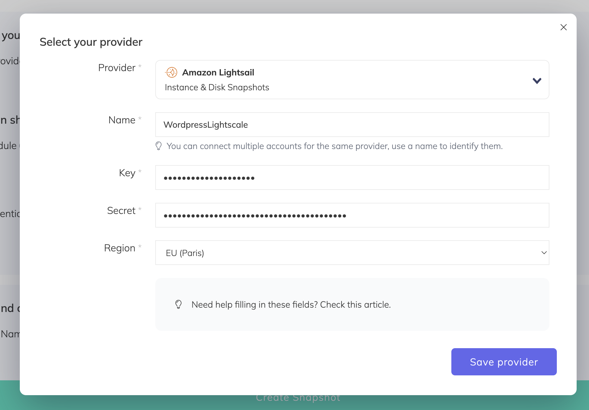 SimpleBackups - Lightsail provider form