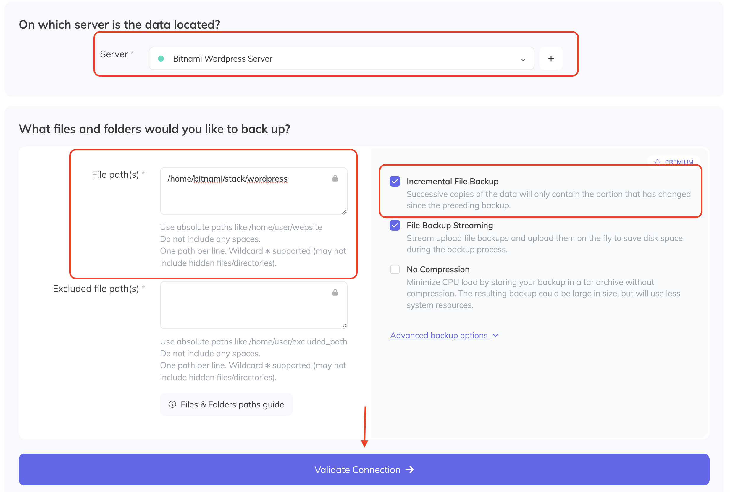 The file backup form with incremental mode enabled