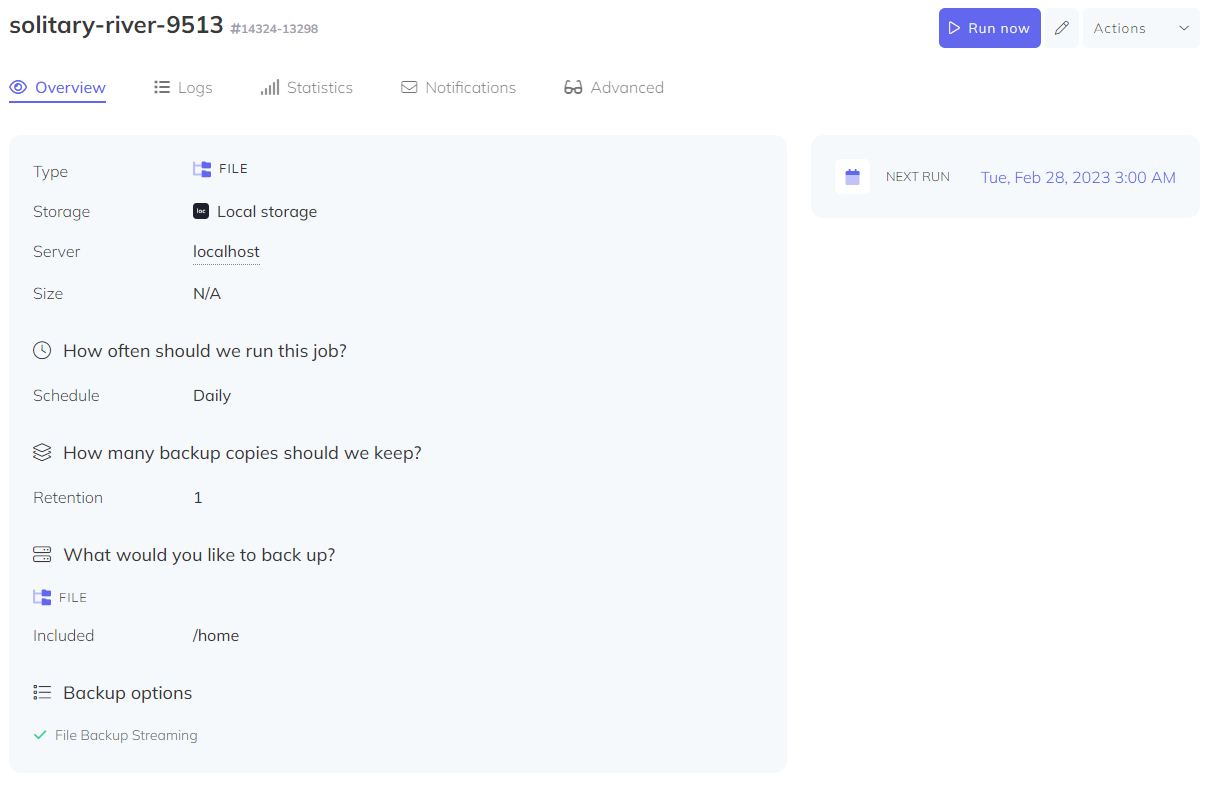 The backup detail page with the Run Now button