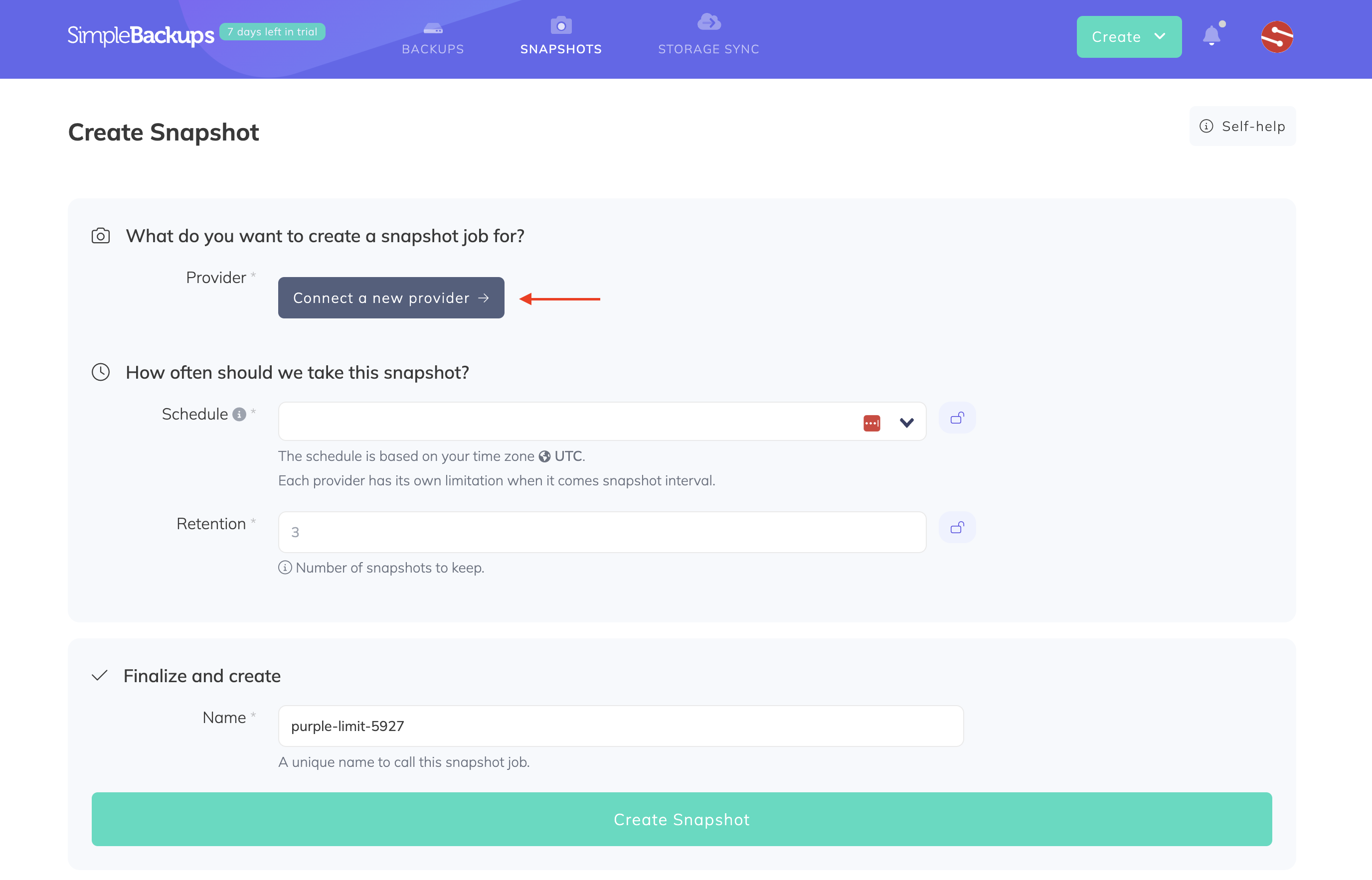 SimpleBackups - Snapshots page