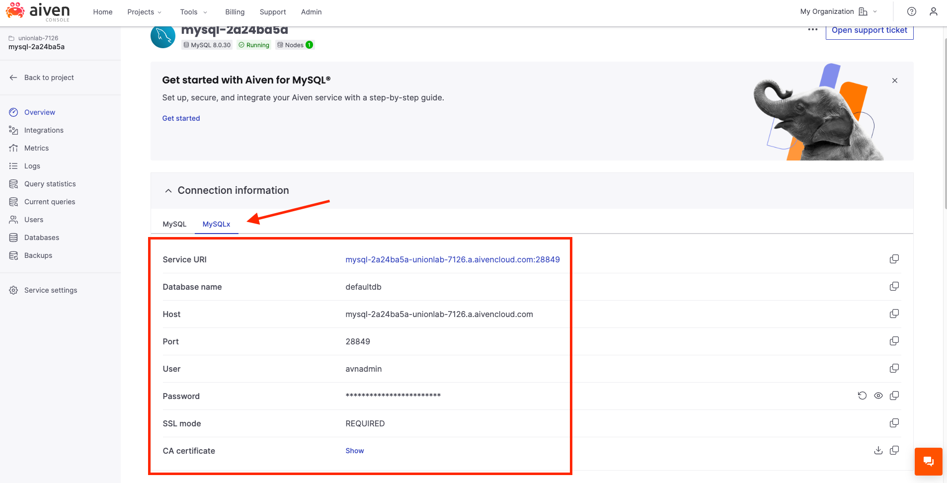 Aiven MySQL screenshot 1