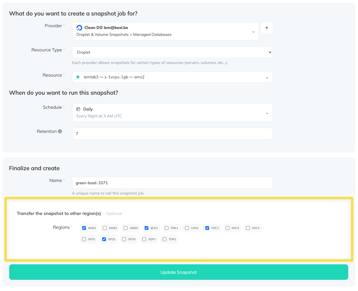 SimpleBackups - Multi-region snapshot configuration