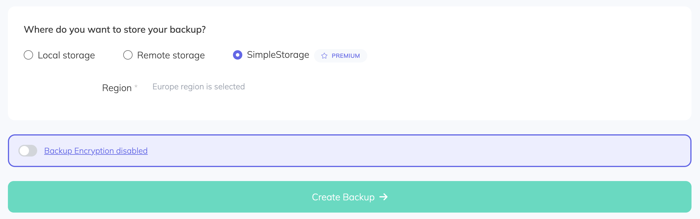 The storage selection and Create Backup button