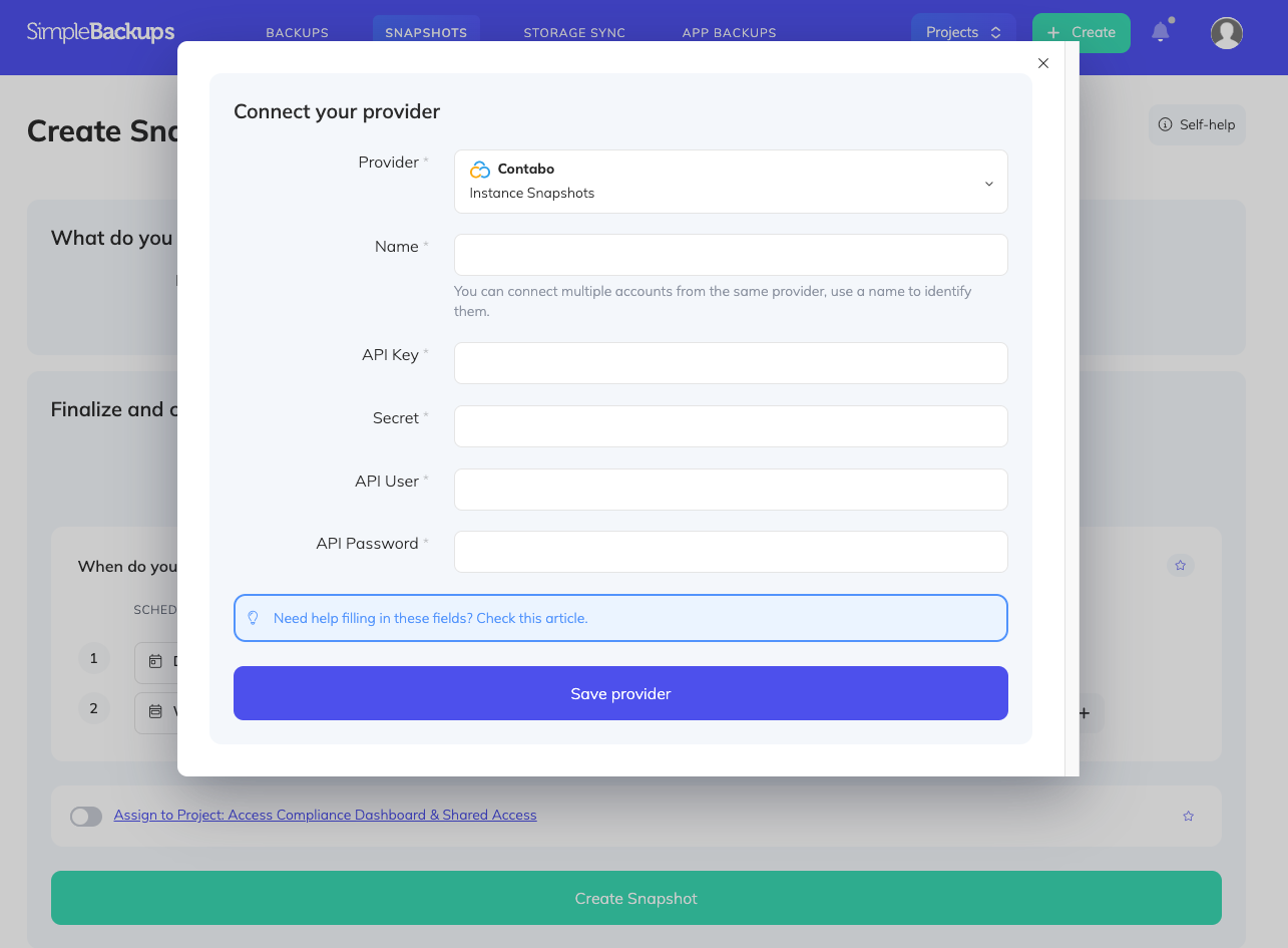 SimpleBackups - Contabo provider form