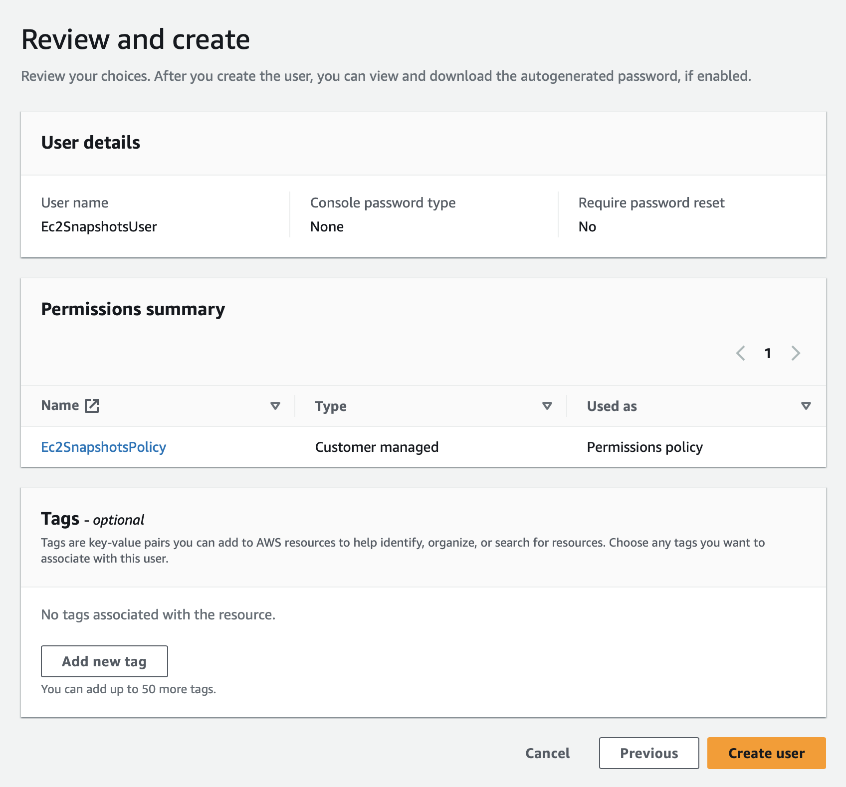 AWS EC2 - Review and create user