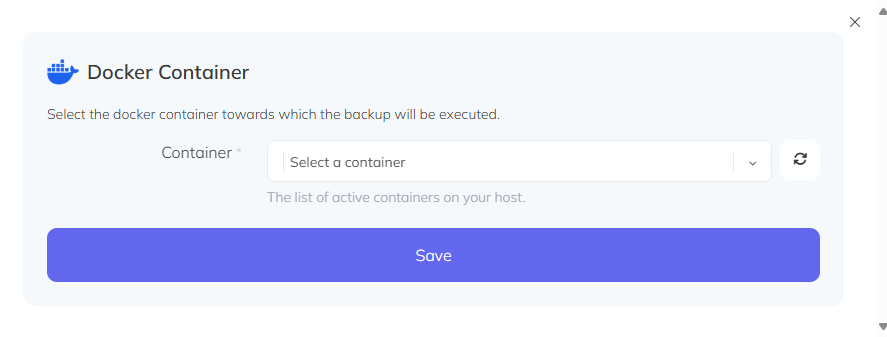 The Docker container selection dropdown